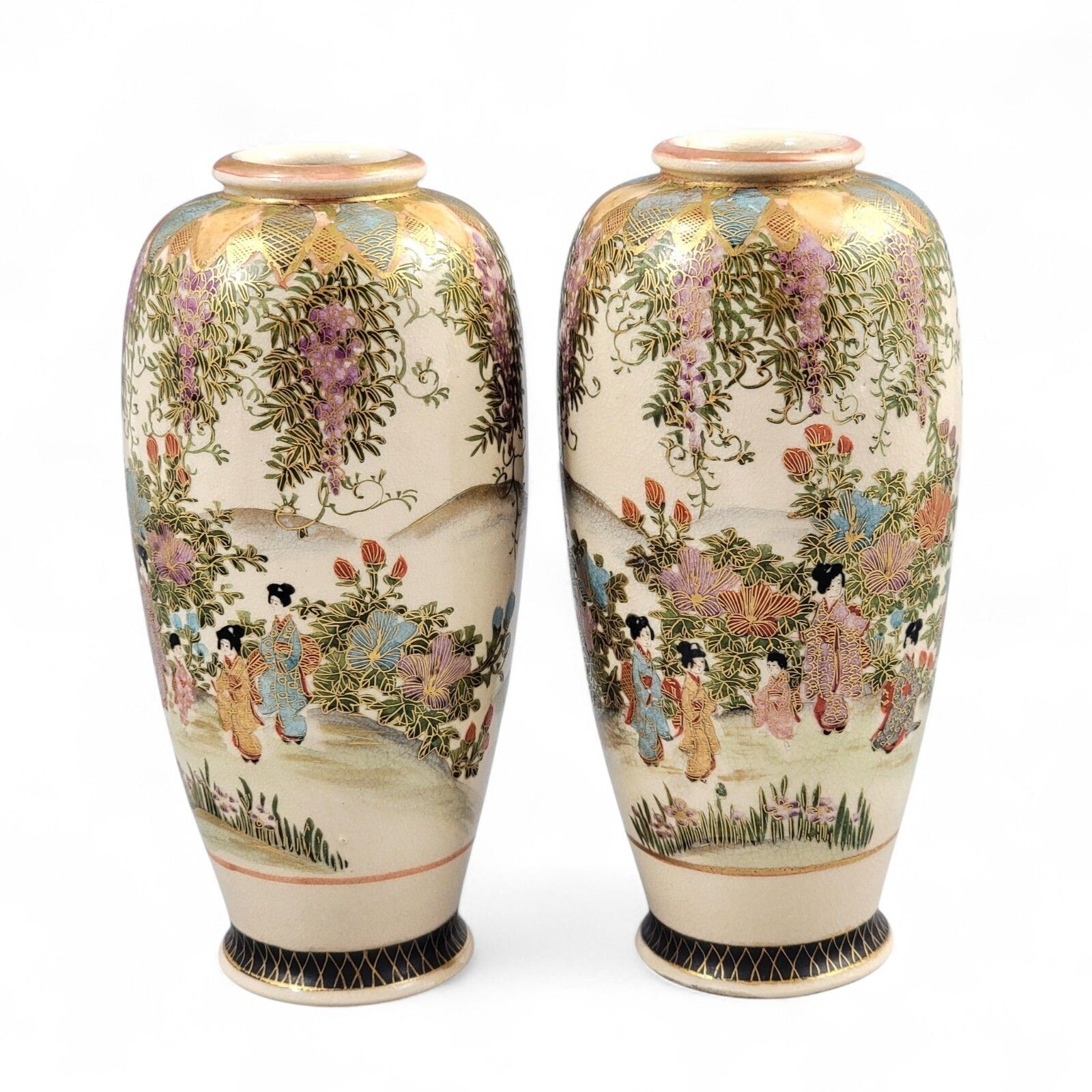 Pair Kyoto Satsuma Vases By Hakusan (白山), Wisteria & Bijin, C. 1890–1915 photo 995.0