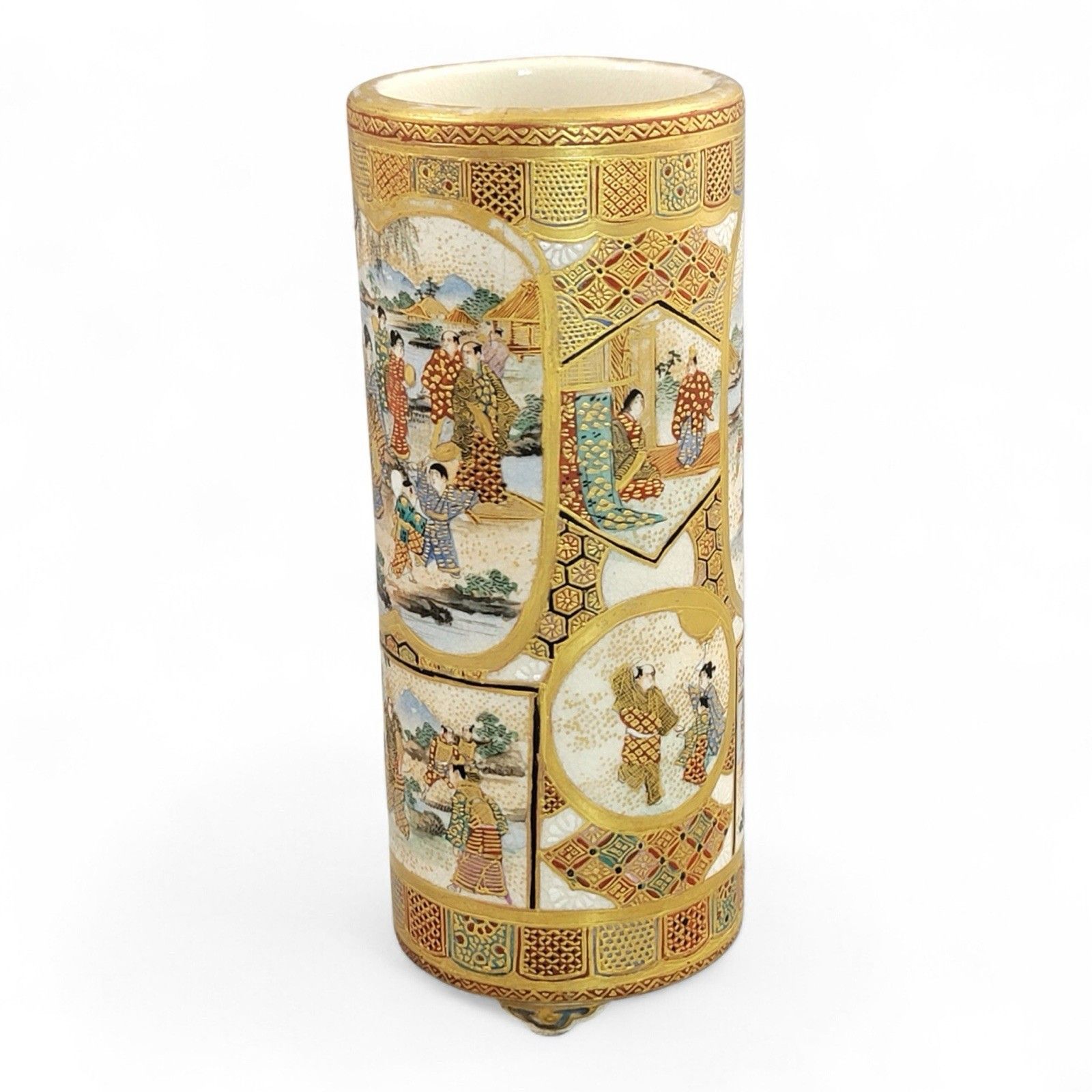 Meiji Japanese Satsuma Cylindrical Vase With Samurai Scenes, Shimazu Mark photo for sale