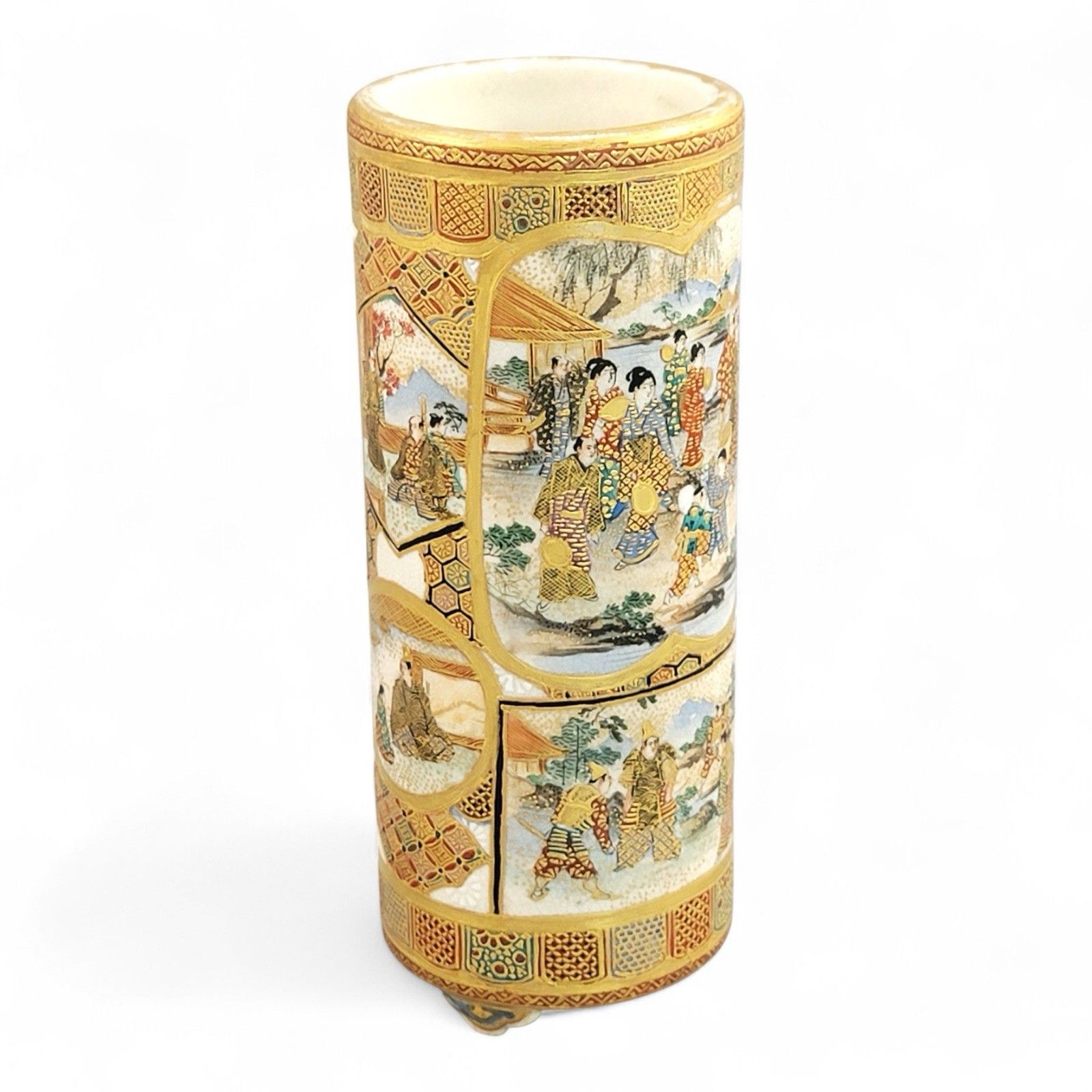 Meiji Japanese Satsuma Cylindrical Vase With Samurai Scenes, Shimazu Mark photo vinterior