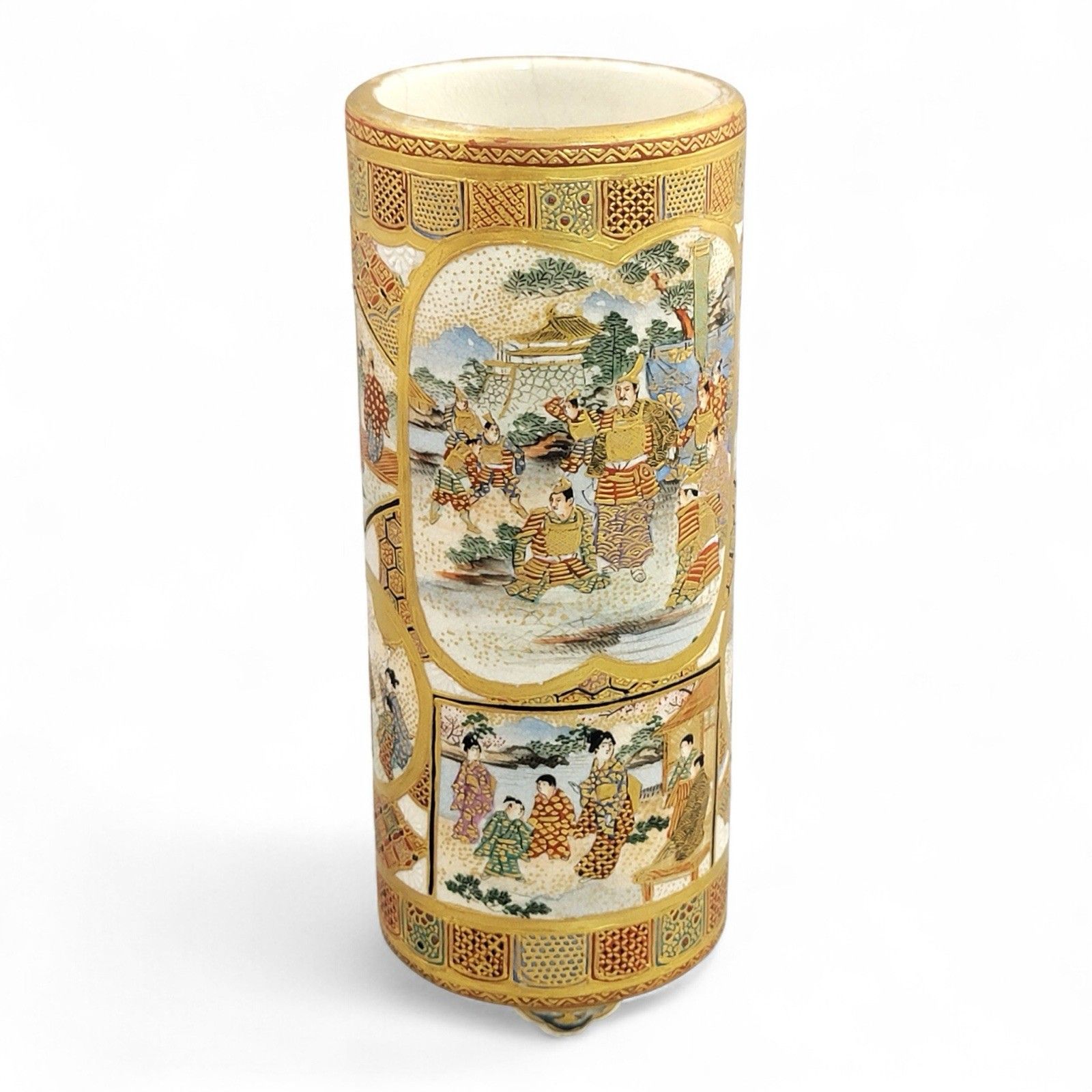 Meiji Japanese Satsuma Cylindrical Vase With Samurai Scenes, Shimazu Mark photo buy