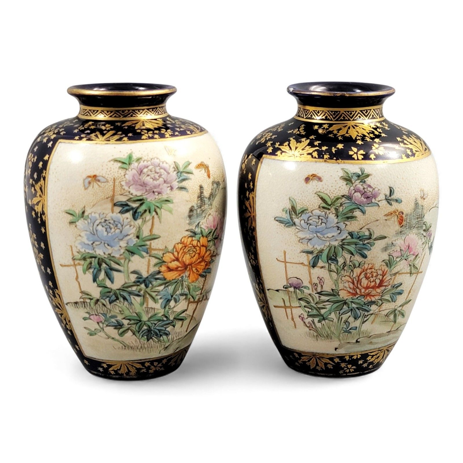 Antique Japan Kinkozan Kyoto Satsuma Porcelain Cobalt And Gold Vase Pair Meiji photo for sale