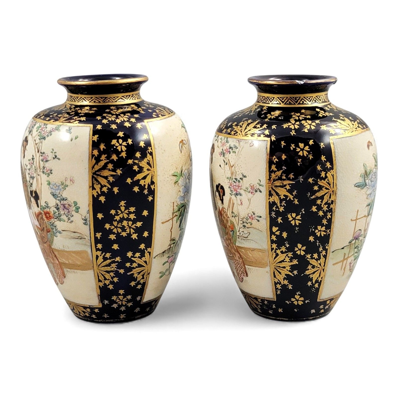 Antique Japan Kinkozan Kyoto Satsuma Porcelain Cobalt And Gold Vase Pair Meiji photo Home Decor