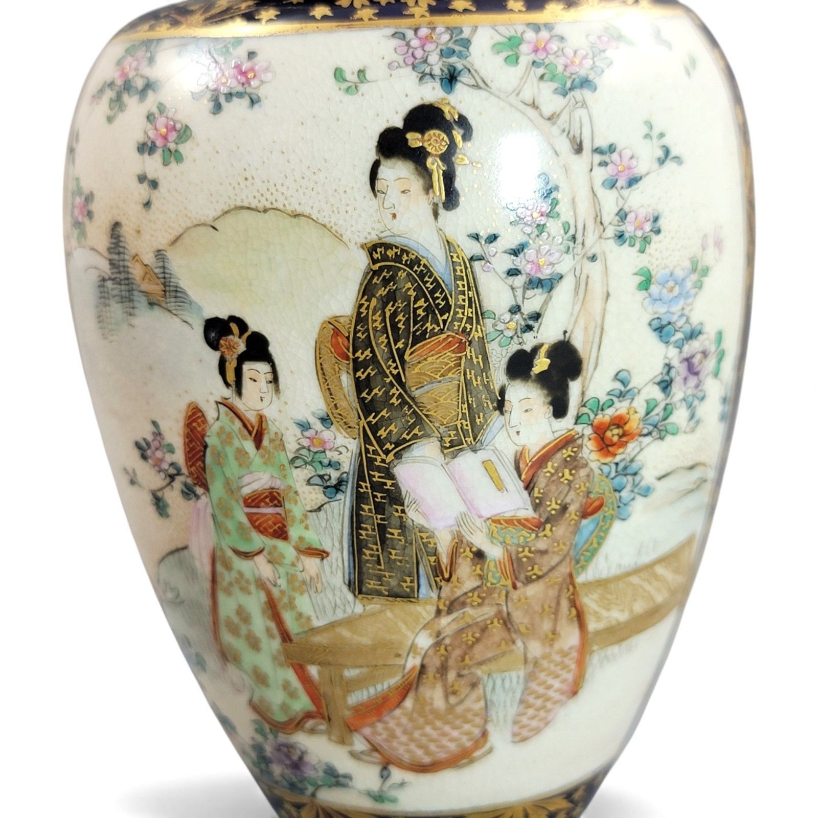 Home Decor Antique Japan Kinkozan Kyoto Satsuma Porcelain Cobalt And Gold Vase Pair Meiji photo