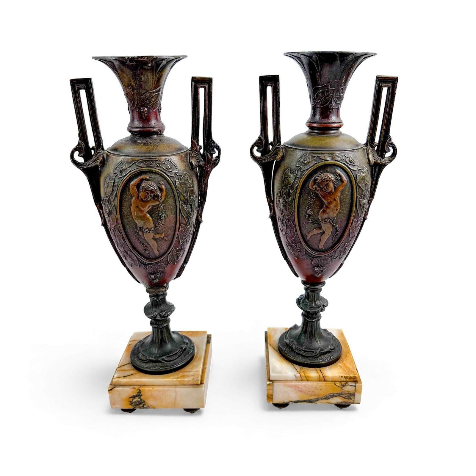 Pair Of Antique French 19th Century Spelter Amphora Vases On Marble Bases photo furniture