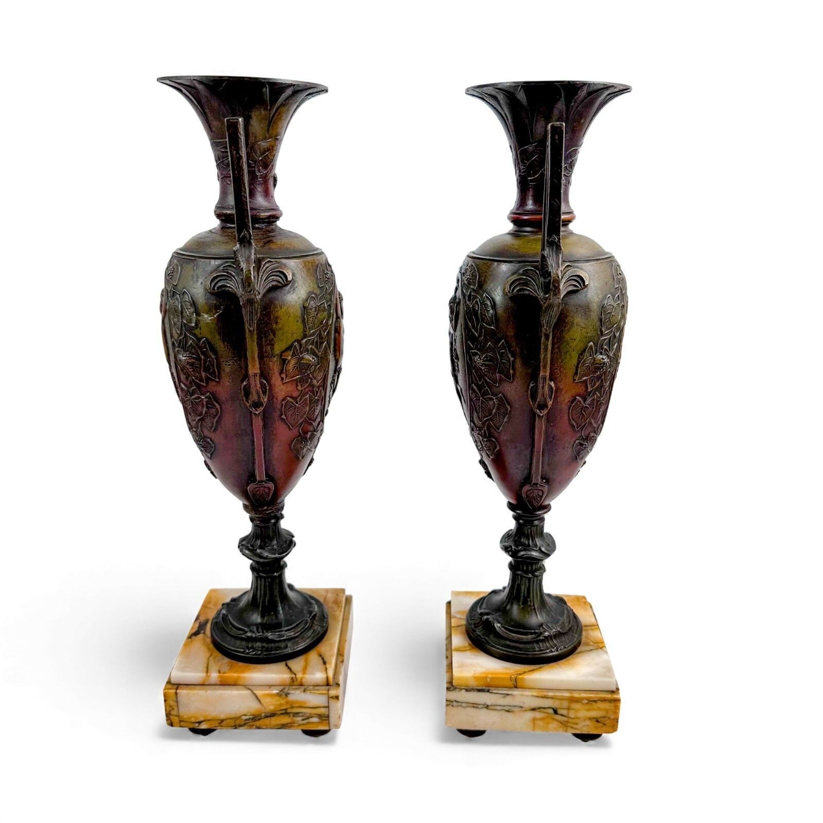 Pair Of Antique French 19th Century Spelter Amphora Vases On Marble Bases photo for sale