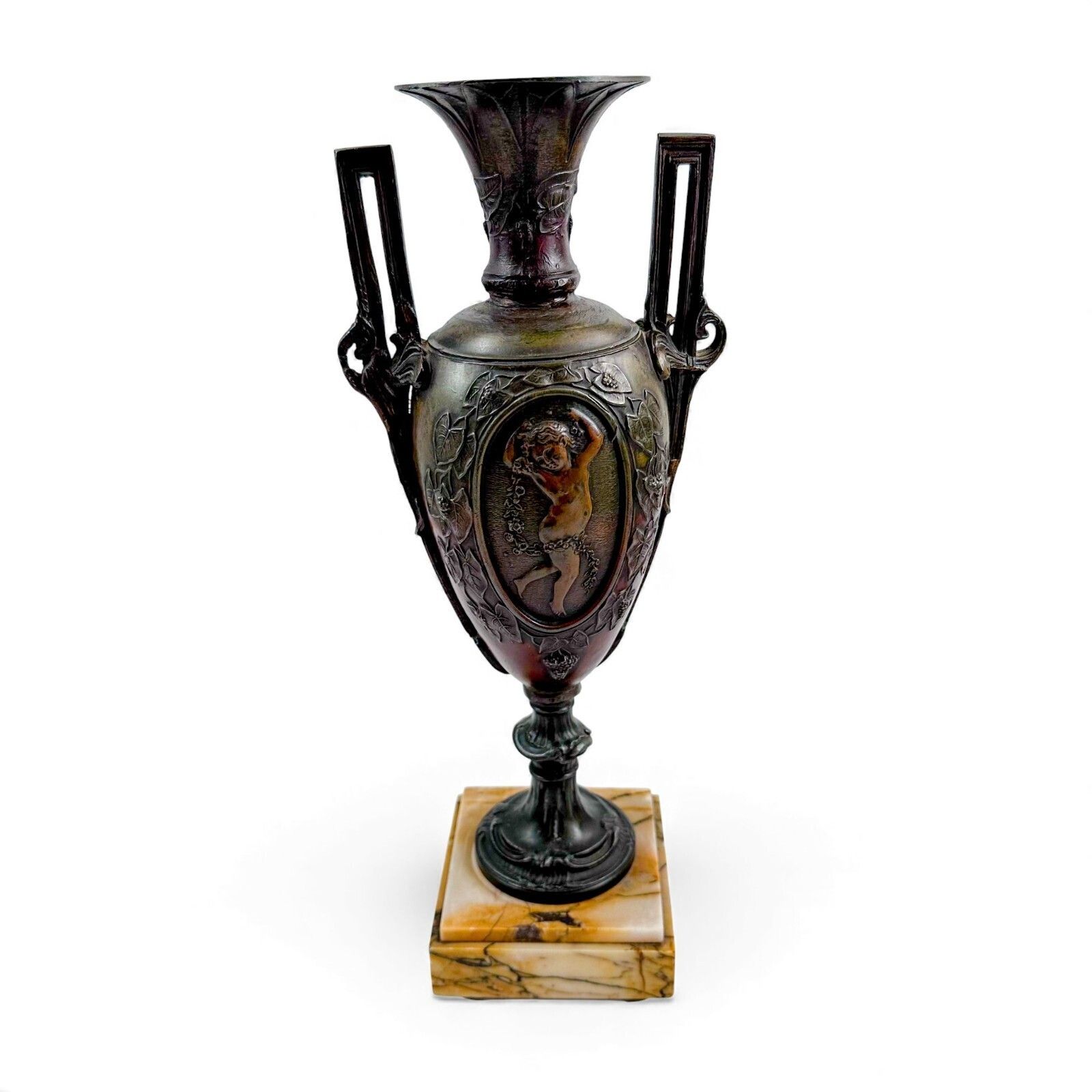 Pair Of Antique French 19th Century Spelter Amphora Vases On Marble Bases photo vinterior