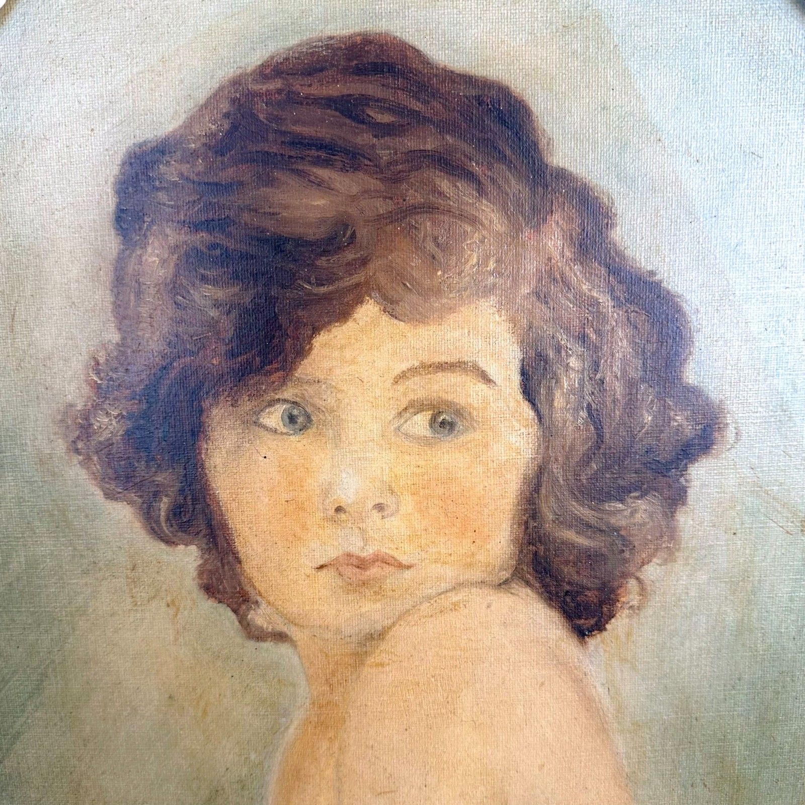 “Childhood” 1930 Oil Painting By Bown Jones – Oval Ebonised Frame photo furniture