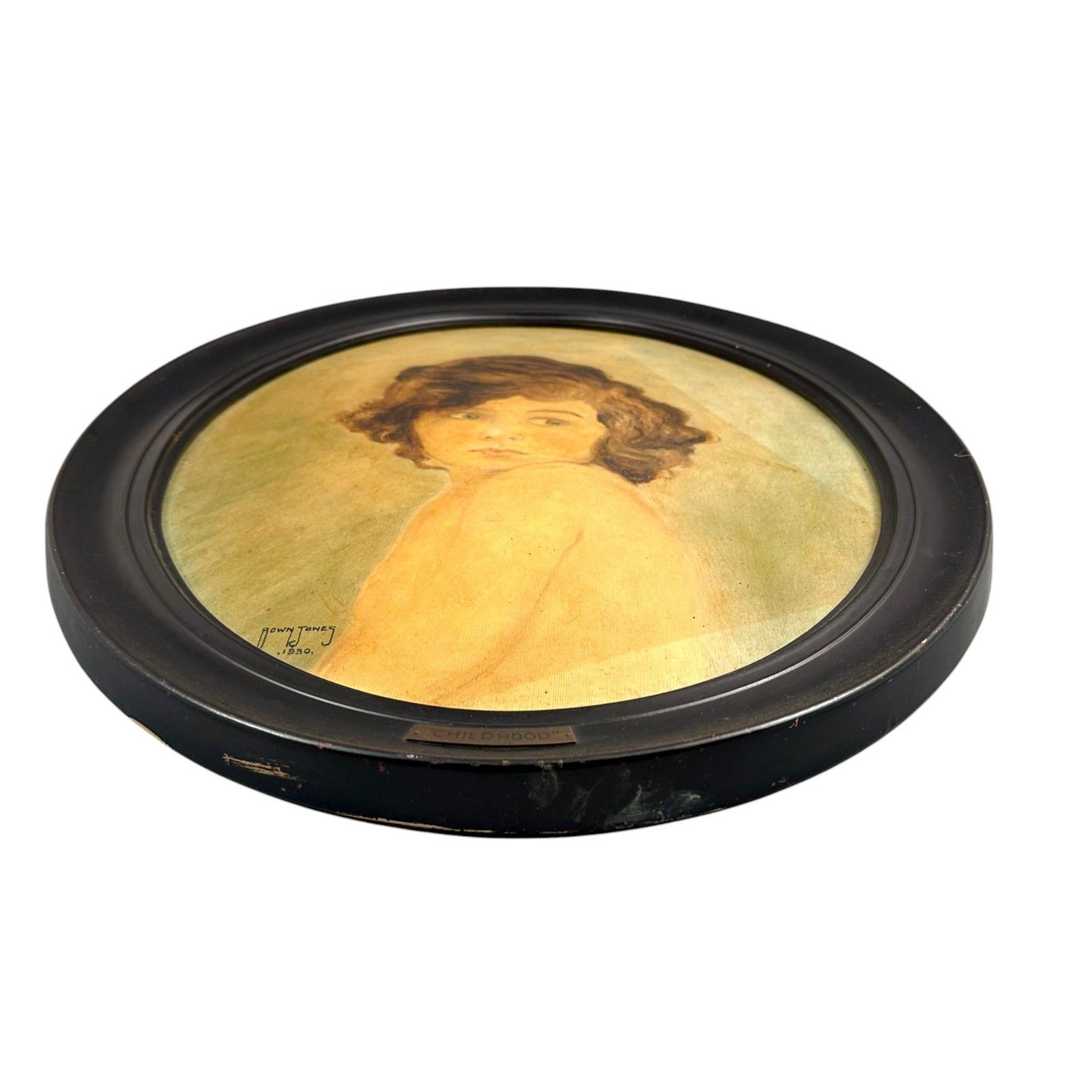 “Childhood” 1930 Oil Painting By Bown Jones – Oval Ebonised Frame photo 2000.0