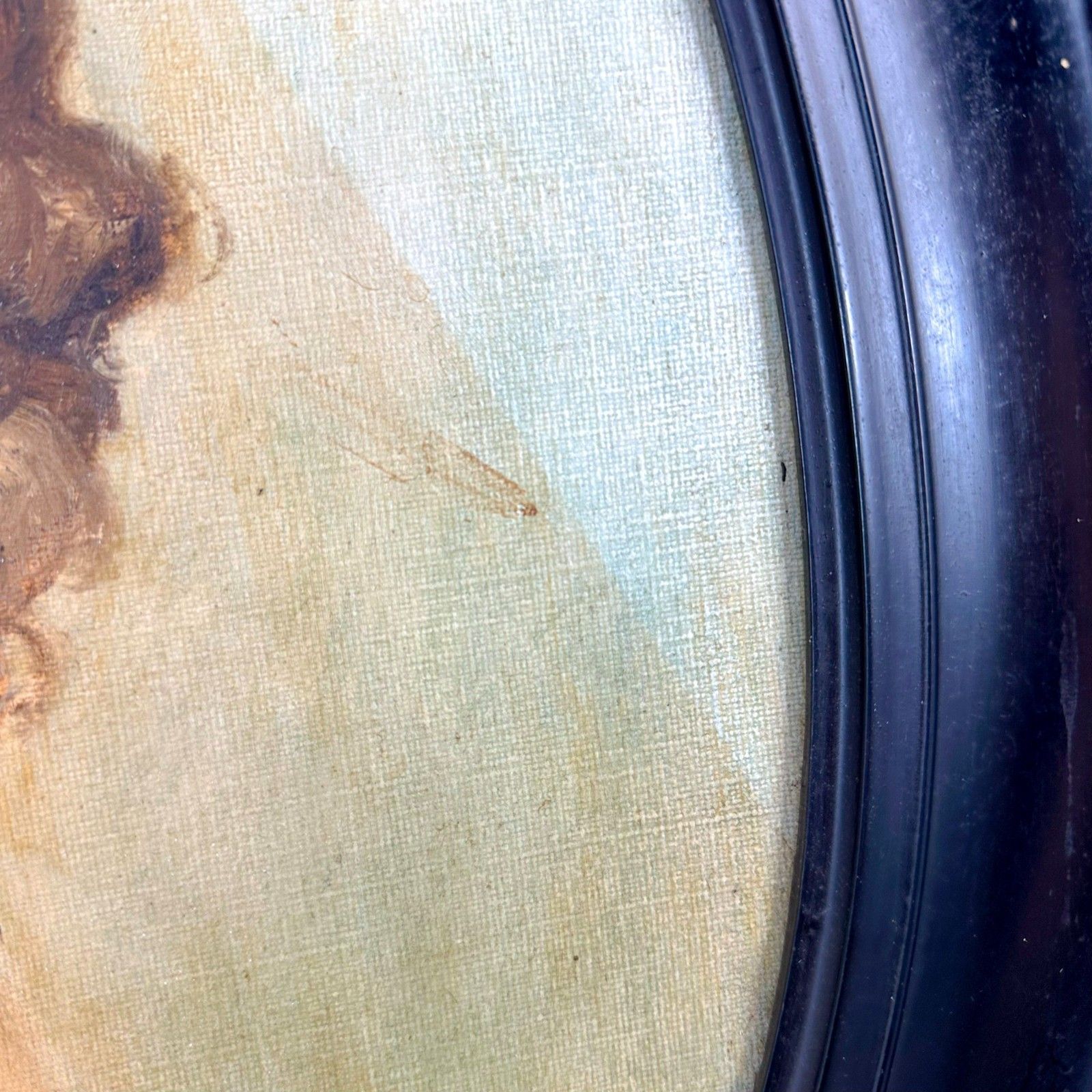 photo vinterior “Childhood” 1930 Oil Painting By Bown Jones – Oval Ebonised Frame