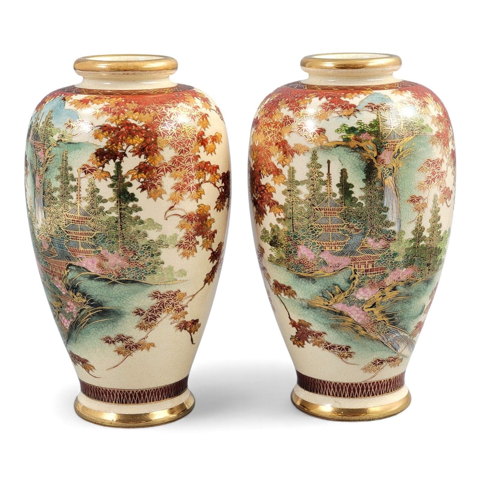 Pair 19th Century Japanese Kyoto Satsuma Porcelain Landscape Vases Meiji Period photo 700.0