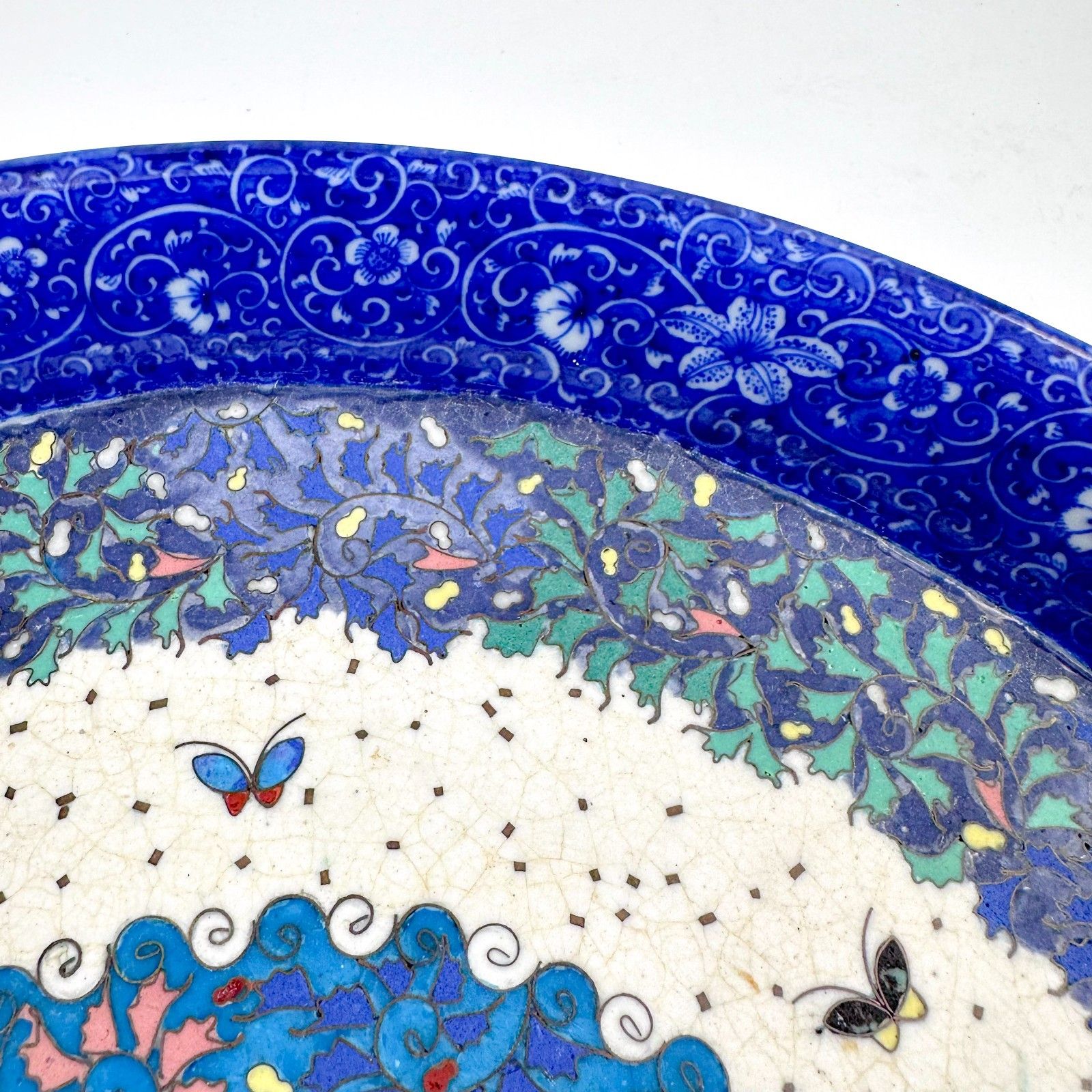 Large Japanese Porcelain & Cloisonné Enamel Dish, Meiji Period, C. 1880s photo vintage