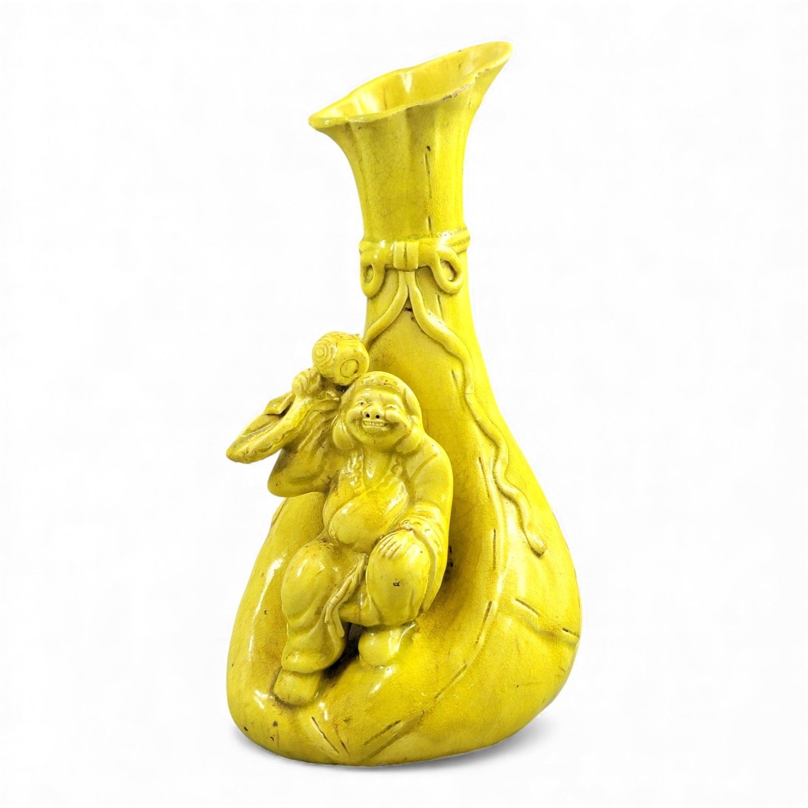 Large Shiwan Yellow Hotei Figure Vase 19th Century Chinese Sculptural Ceramic