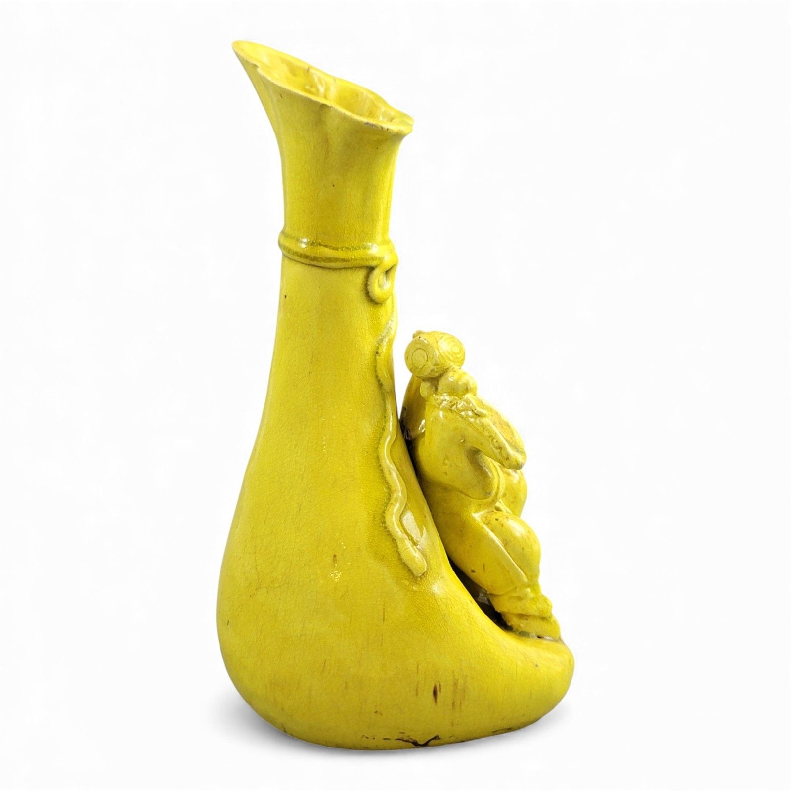 Large Shiwan Yellow Hotei Figure Vase 19th Century Chinese Sculptural Ceramic photo vinterior