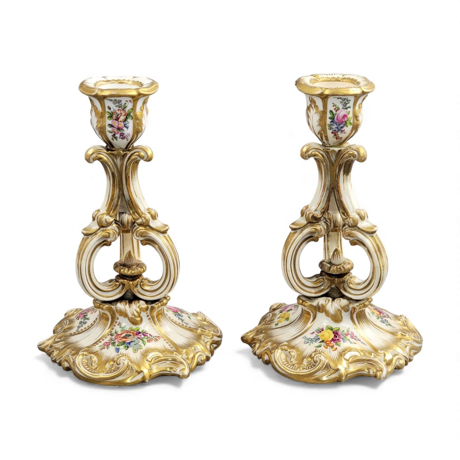 Derby Rococo Porcelain Candlesticks Pair C.1825 Hand Painted Flowers Regency