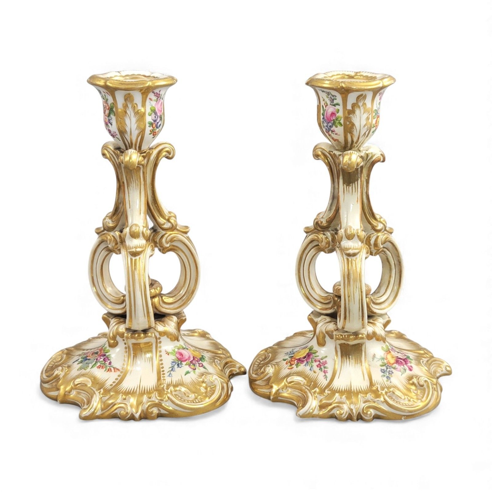 Derby Rococo Porcelain Candlesticks Pair C.1825 Hand Painted Flowers Regency photo furniture