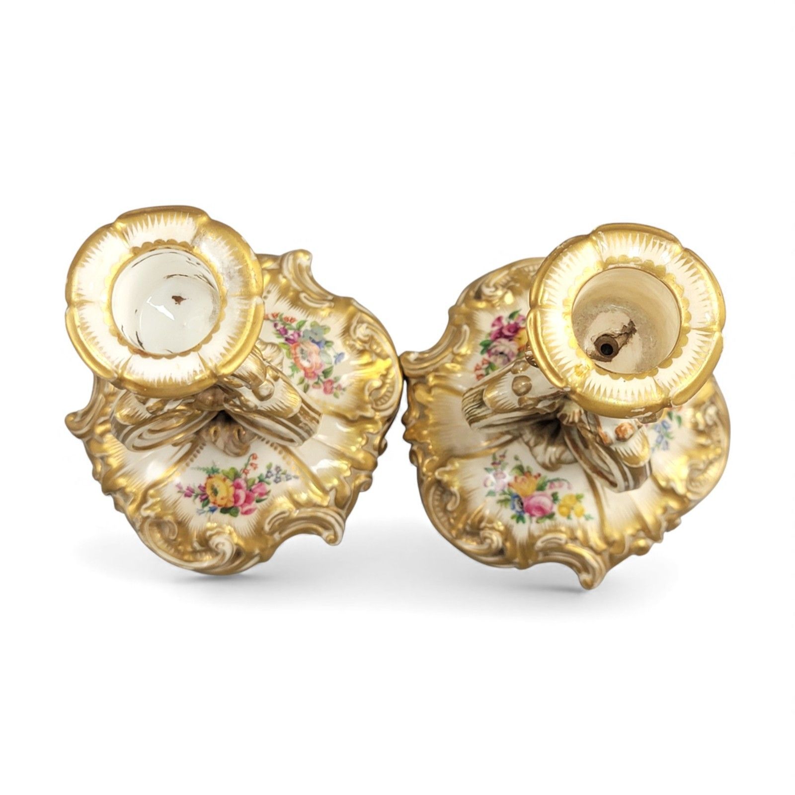 Derby Rococo Porcelain Candlesticks Pair C.1825 Hand Painted Flowers Regency photo vinterior