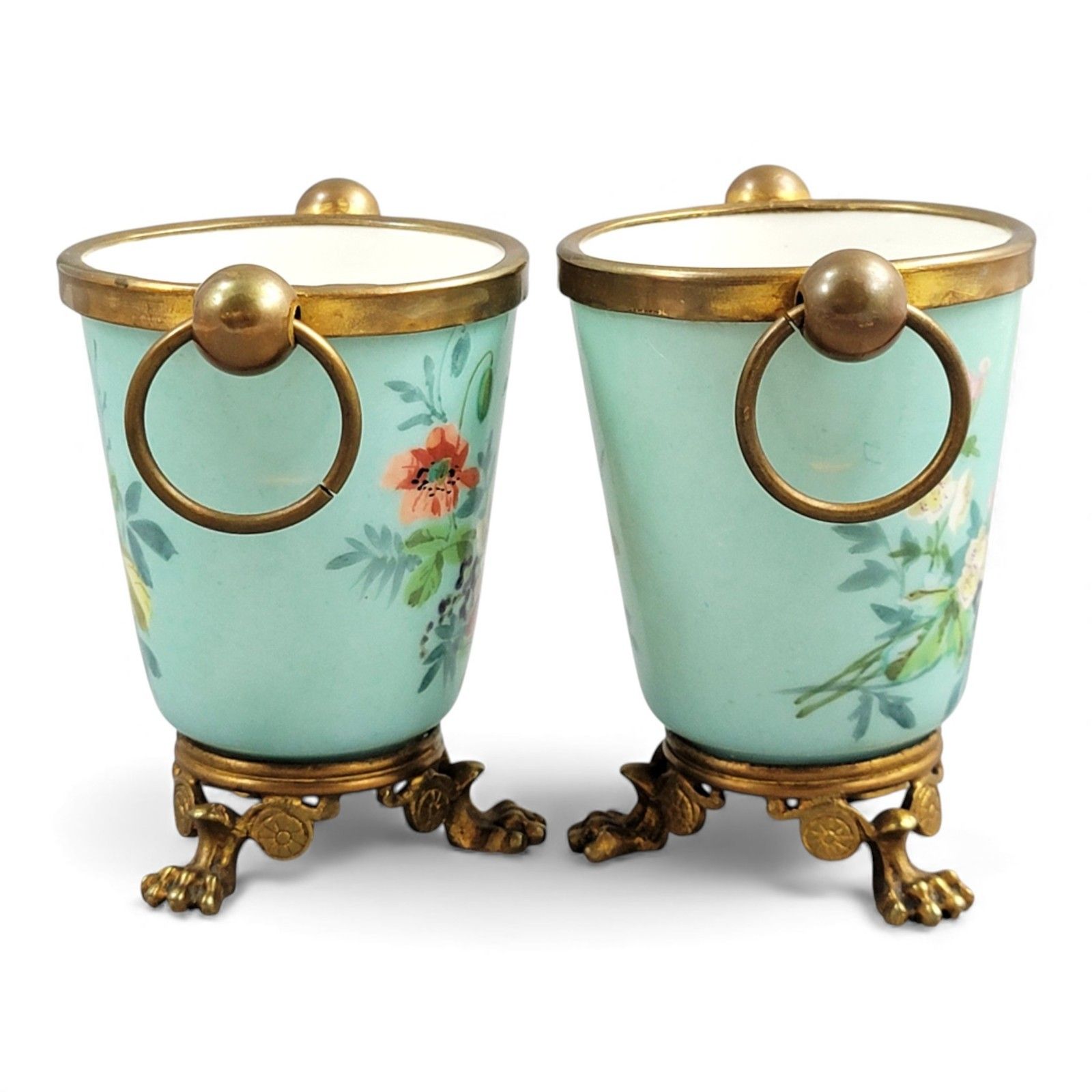 Old Paris Turquoise Cache Pots Pair C.1840 With Gilt Bronze Mounts French Decor photo Home Decor