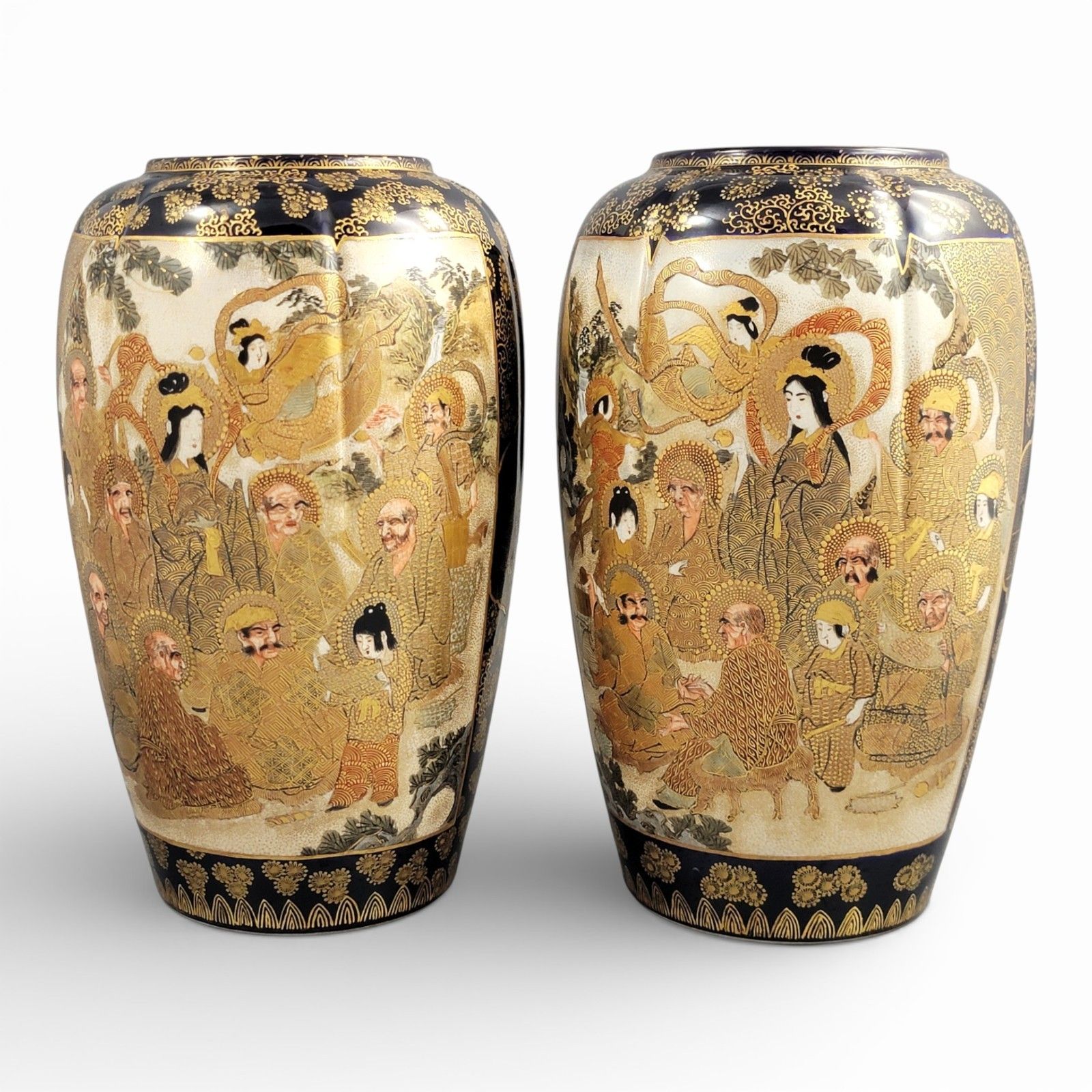 Antique Pair 25 Cm Meiji Satsuma Vases, Hodota Mark, Black And Gold, C.1890 photo for sale