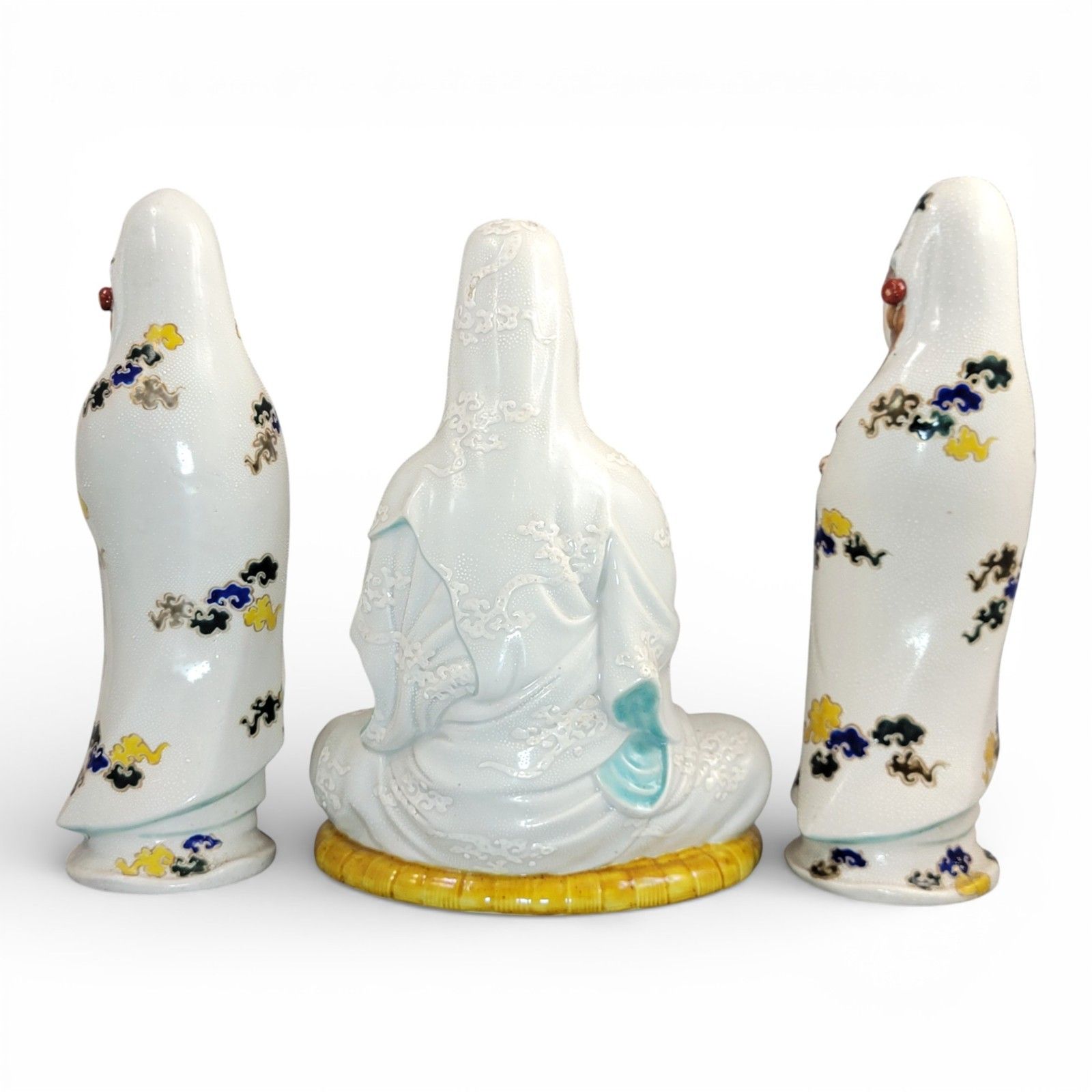 Antique Japanese Kutani Porcelain Kannon Buddhist Triad, Meiji Period C. 1880 photo for sale