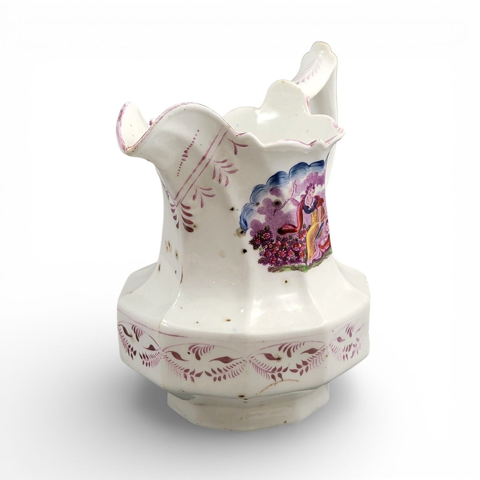 Antique Staffordshire Pearlware Lustre Jug Purple Transfer Pastoral Scene C 1830 photo vinterior