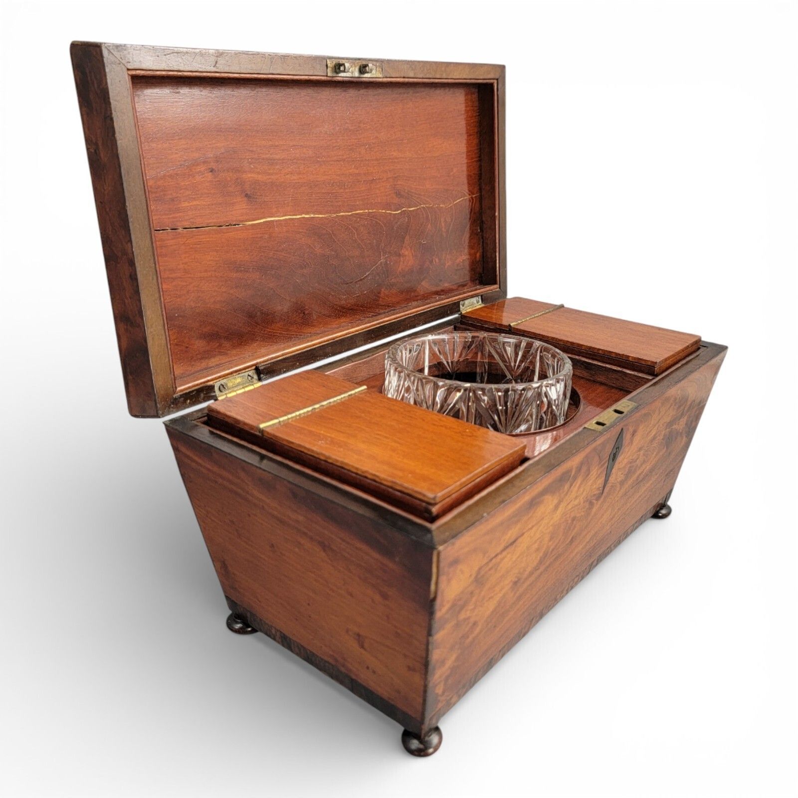 Antique Regency Mahogany Tea Caddy With Cut Glass Bowl English C.1820