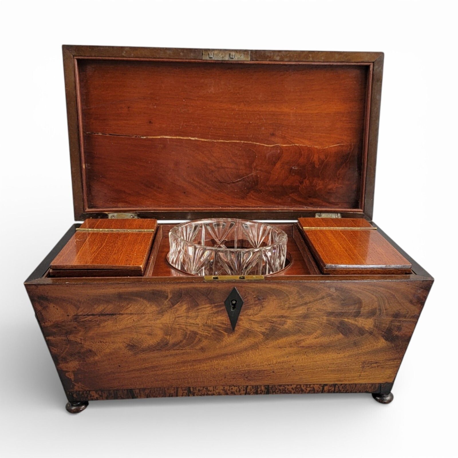 Antique Regency Mahogany Tea Caddy With Cut Glass Bowl English C.1820 photo for sale