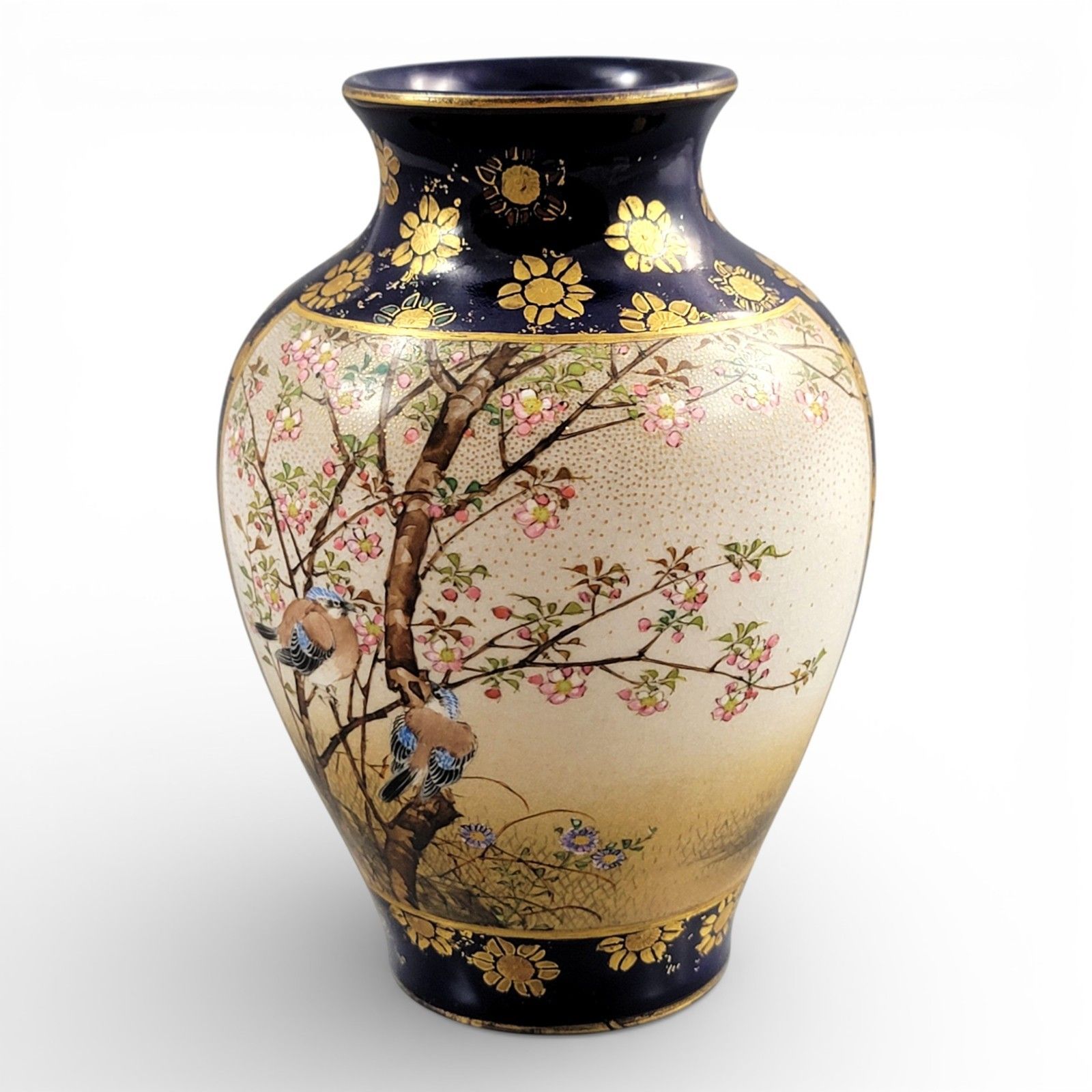 Kinkozan Kyoto Satsuma Vase C.1895 Cobalt Blue Gilt Birds Moriage photo 2100.0