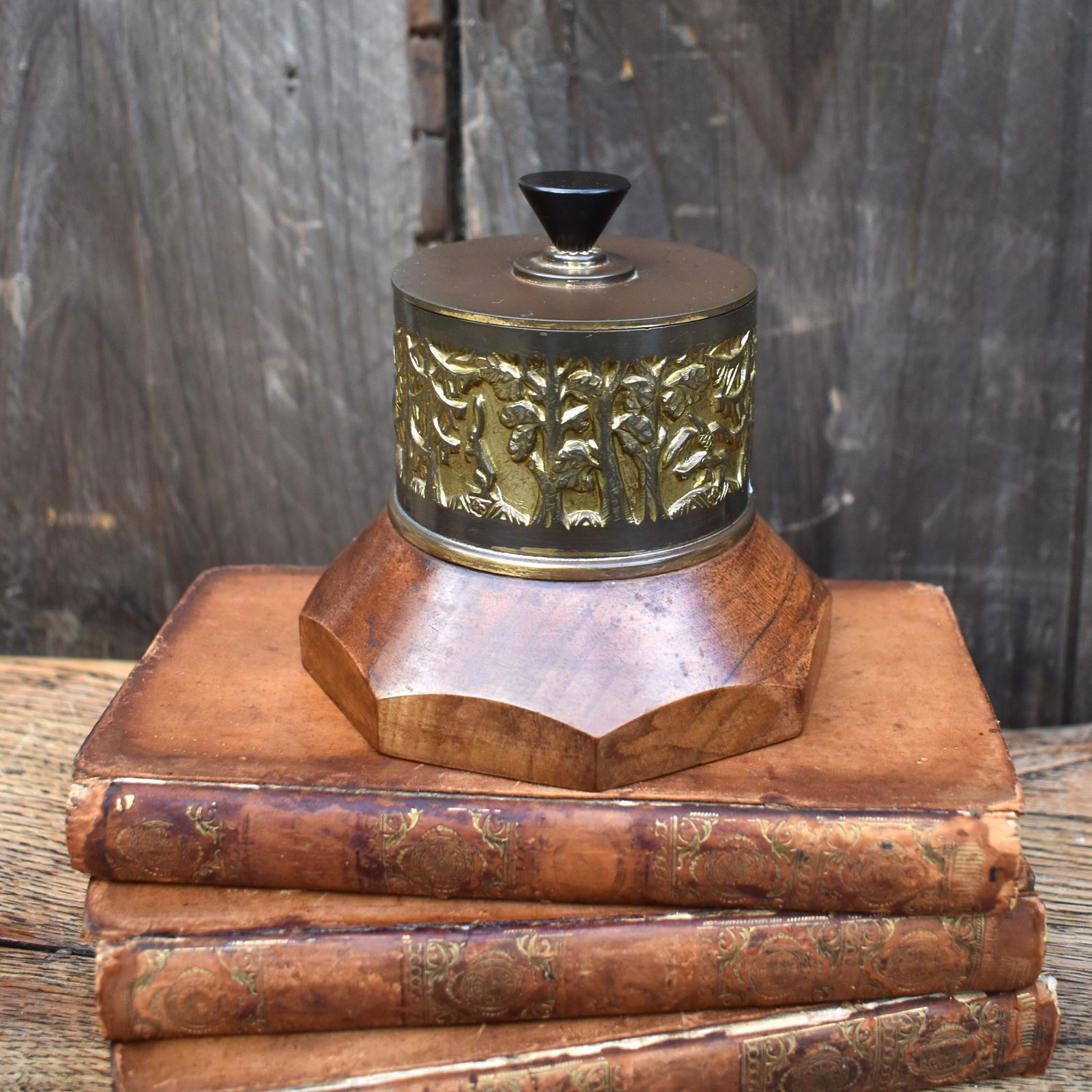 Antique Hermann Haller (1880 1950) Swiss Brass Repousse Wooden Lidded Pot