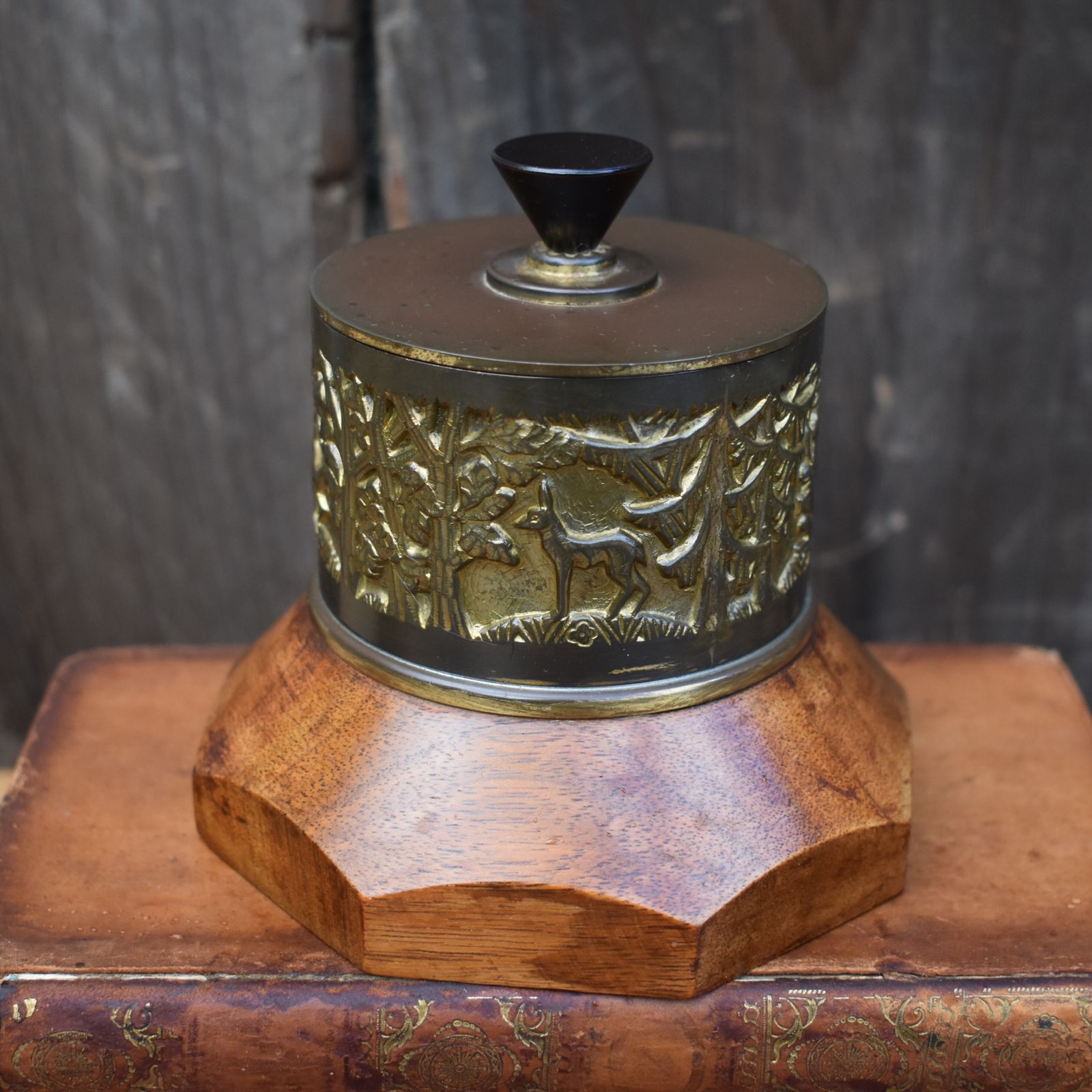 Antique Hermann Haller (1880 1950) Swiss Brass Repousse Wooden Lidded Pot photo furniture