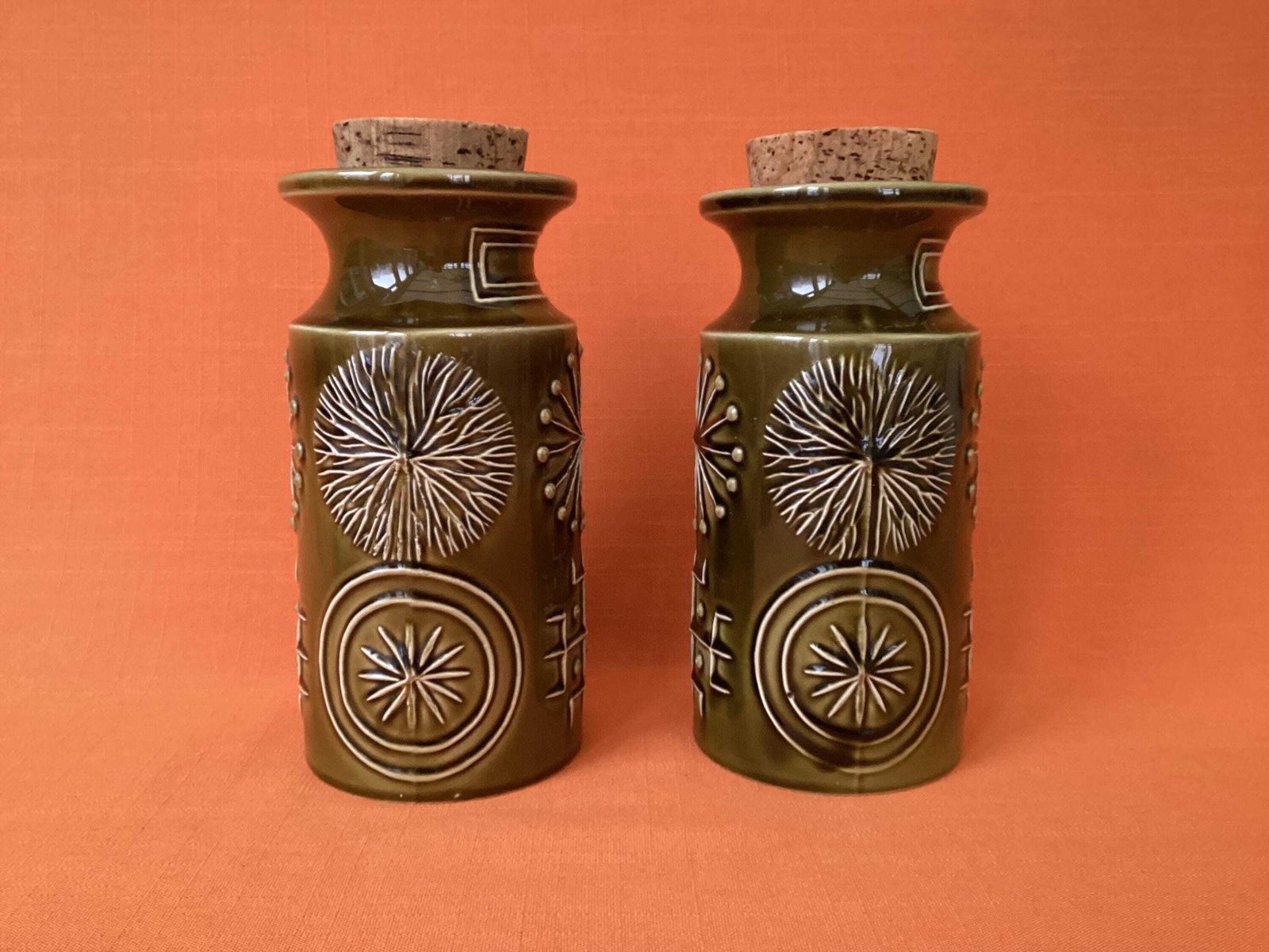 Pair Of Portmeirion Totem Storage Jars In Olive Green, Susan Williams Ellis Design