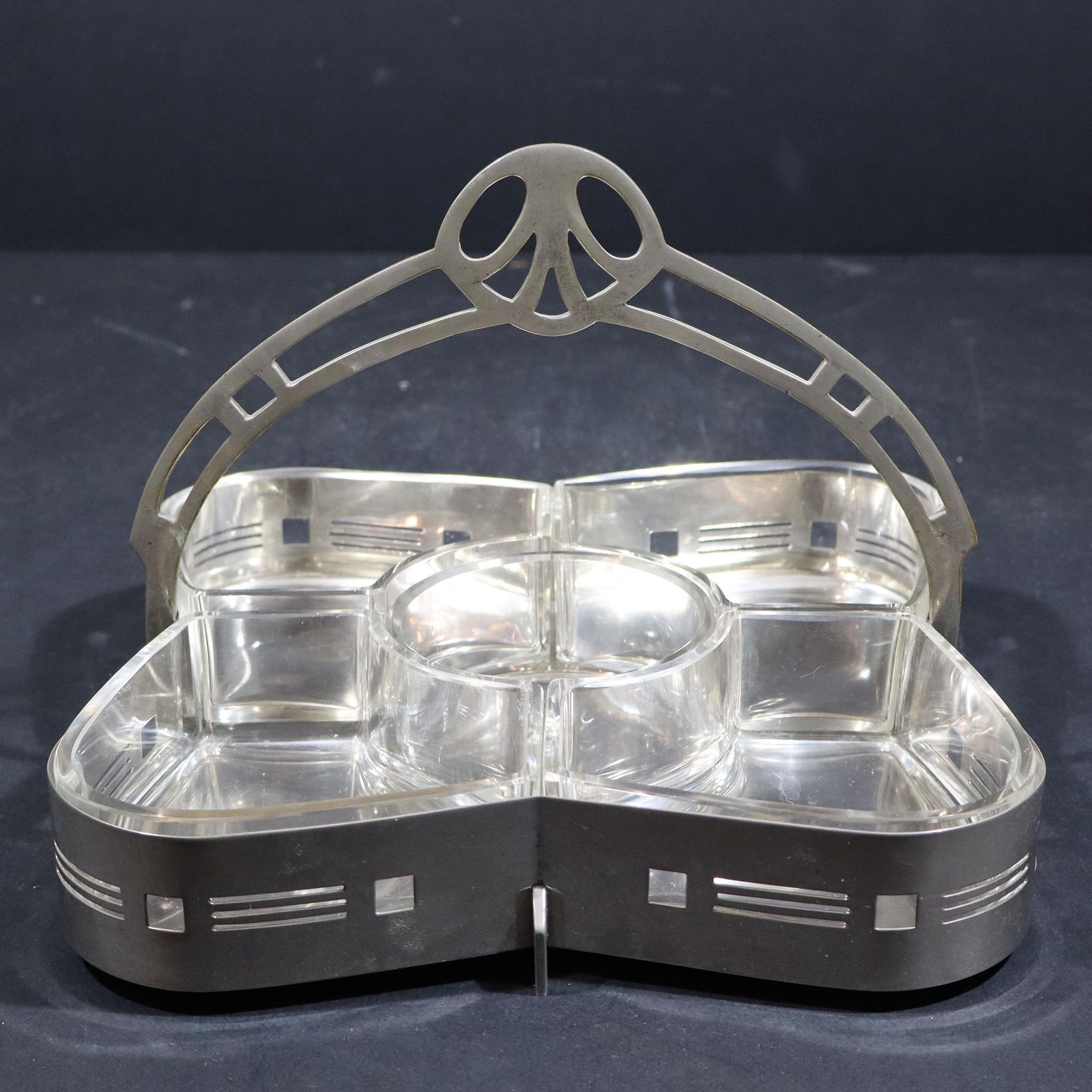 French Silver Plated Art Nouveau Hors D'oeuvres Tray With Cut Glass Cocktail Dishes photo for sale