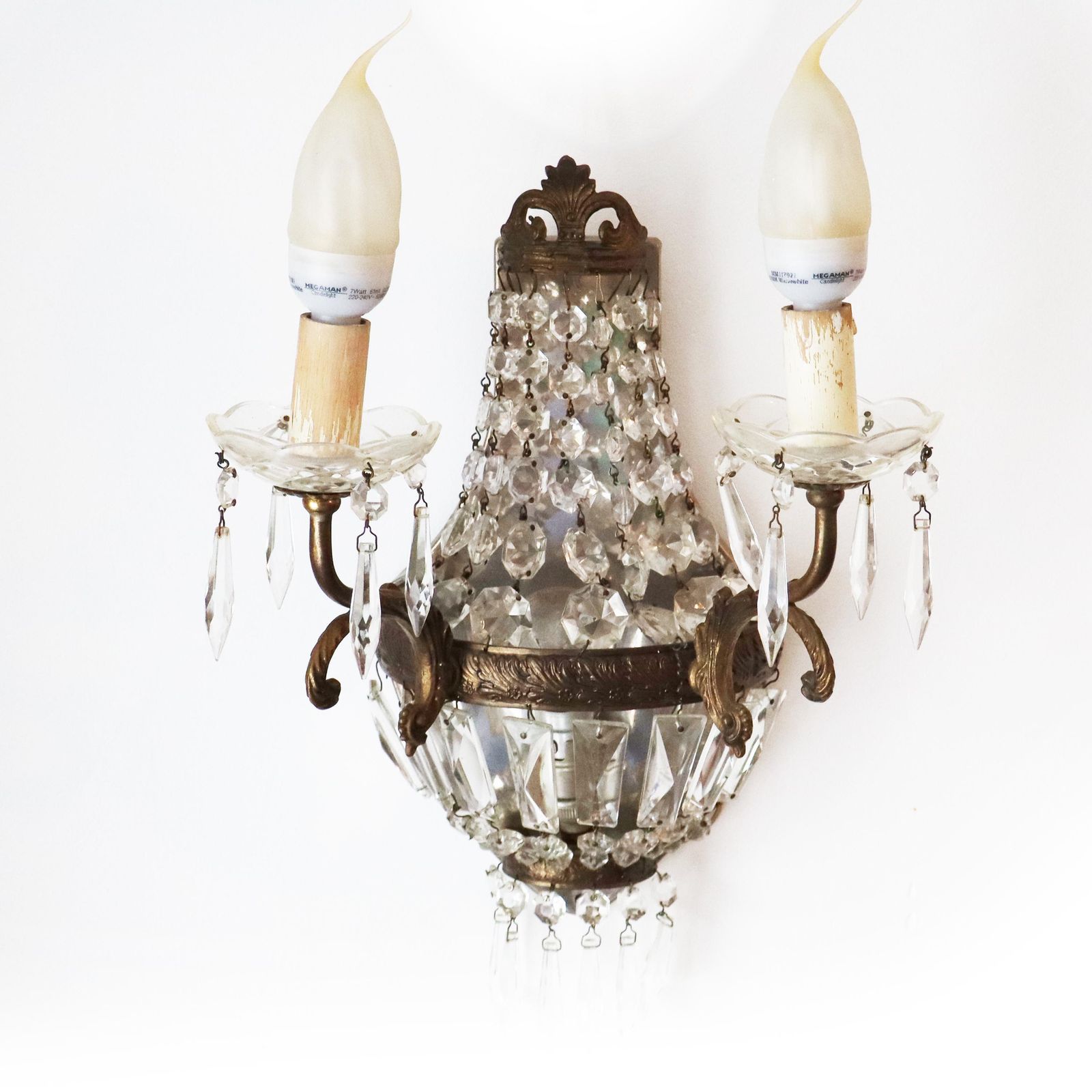 French Empire Style Wall Sconce With Crystal Pendants, Antique Twin Arm Girandoles photo Lighting