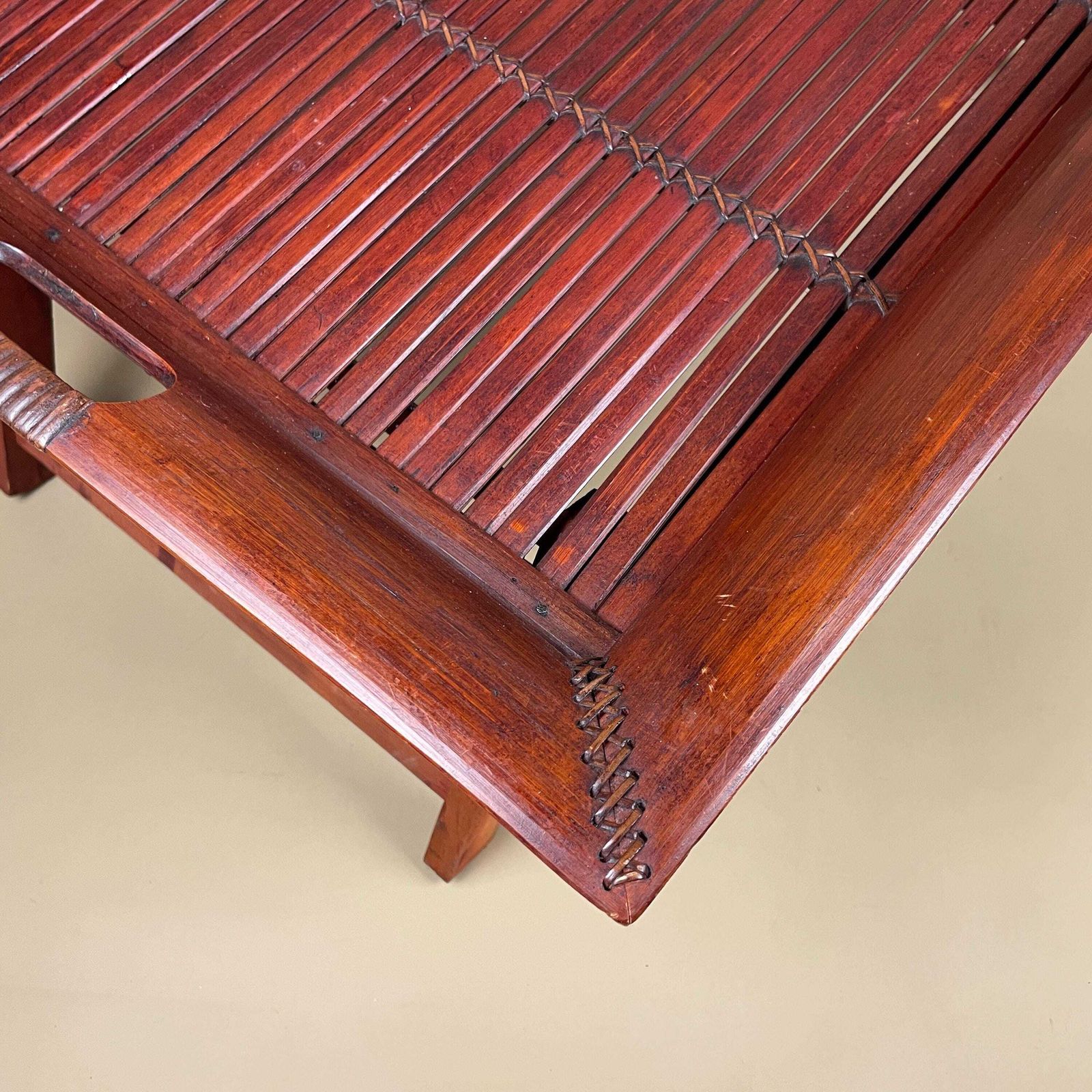 Vintage Oriental Bamboo Rattan Table Woven Boho Side Table Fold Down Mid Century Accent Tropical Furniture Coffee Wood Home Decor Rectangle photo vintage