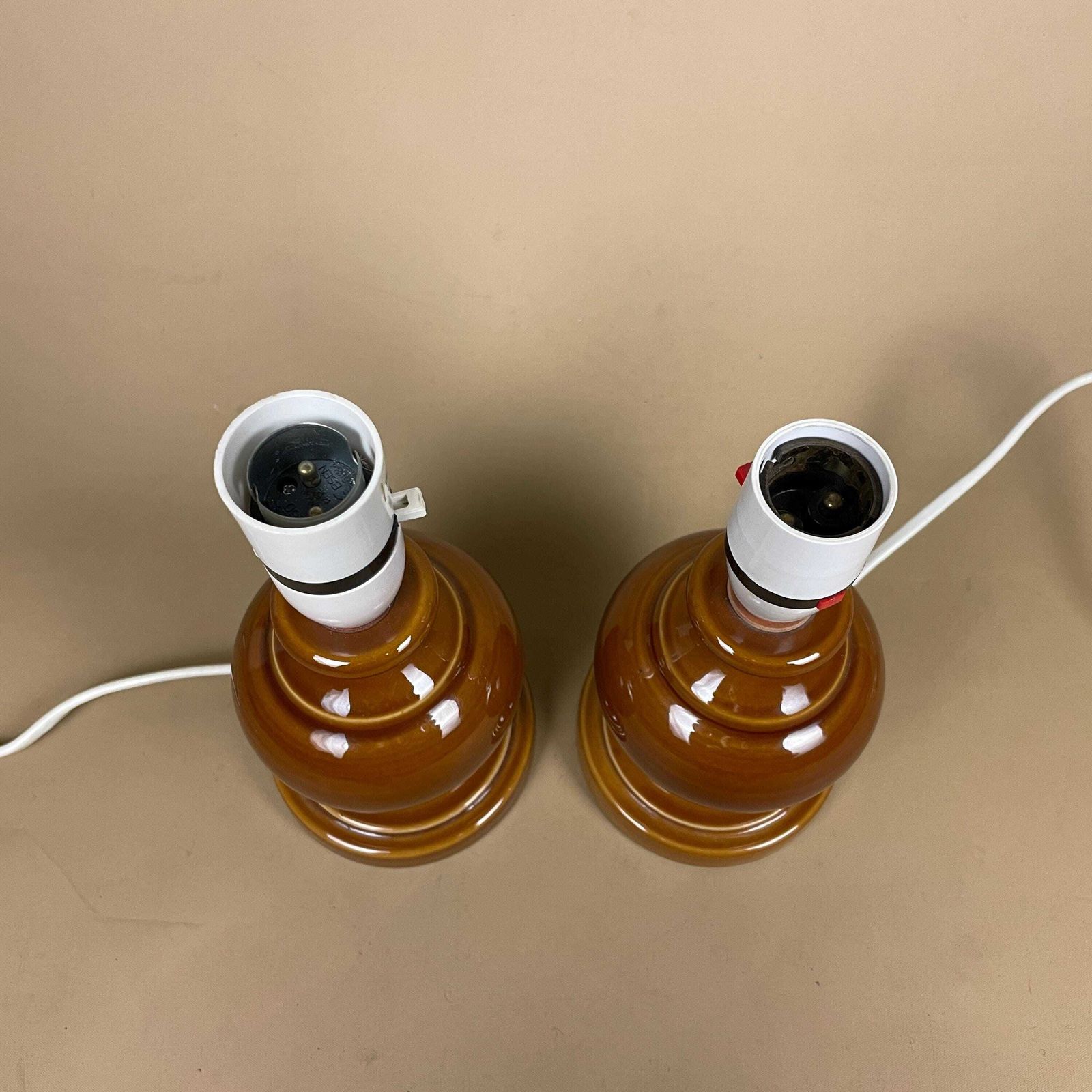 Matching Pair Of 2 Vintage Ceramic Brown Lamps Bedside Table Light Vase Antique Cottage Wade Lamp Retro Glazed Set Two Pat Tested 2026 photo vinterior