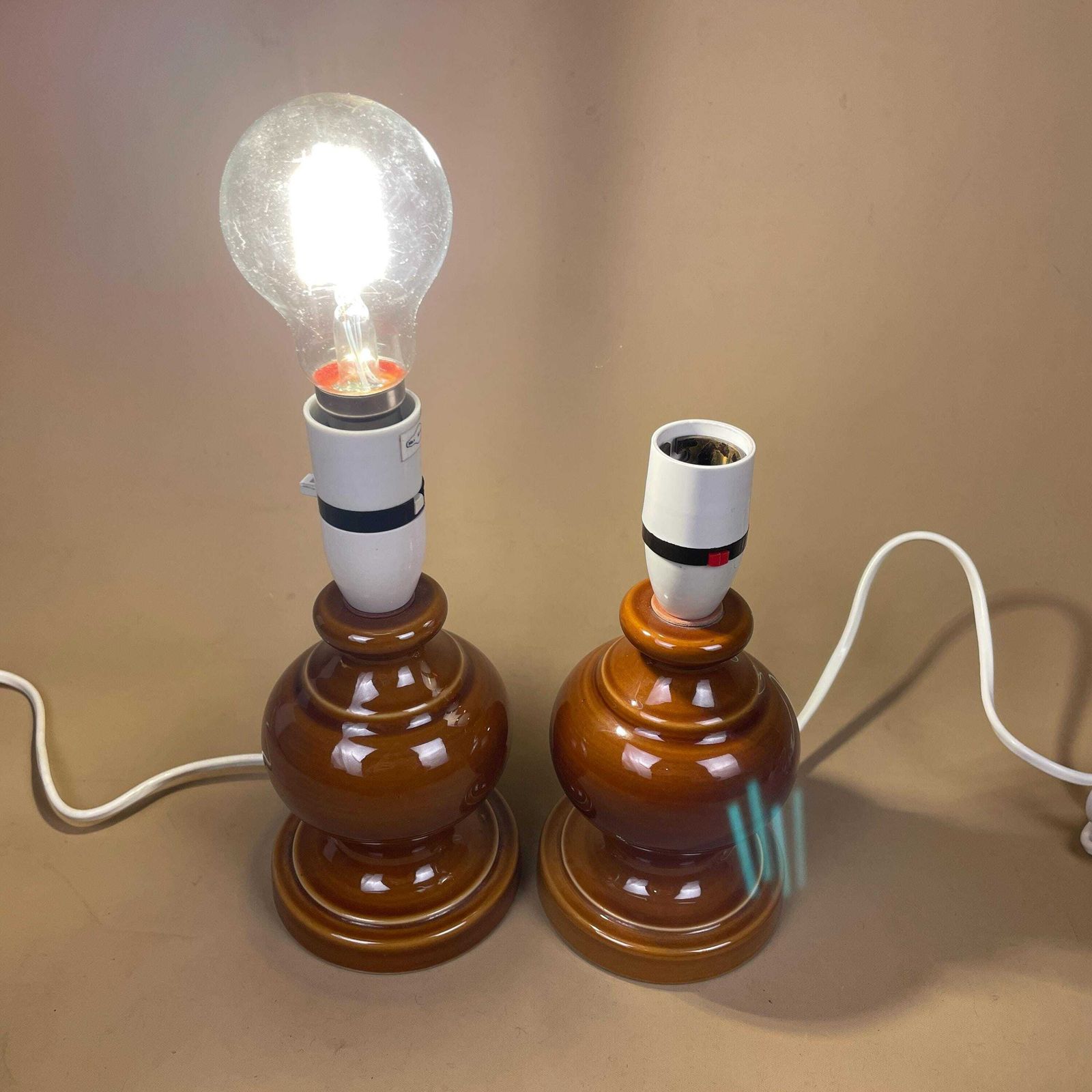 photo for sale Matching Pair Of 2 Vintage Ceramic Brown Lamps Bedside Table Light Vase Antique Cottage Wade Lamp Retro Glazed Set Two Pat Tested 2026
