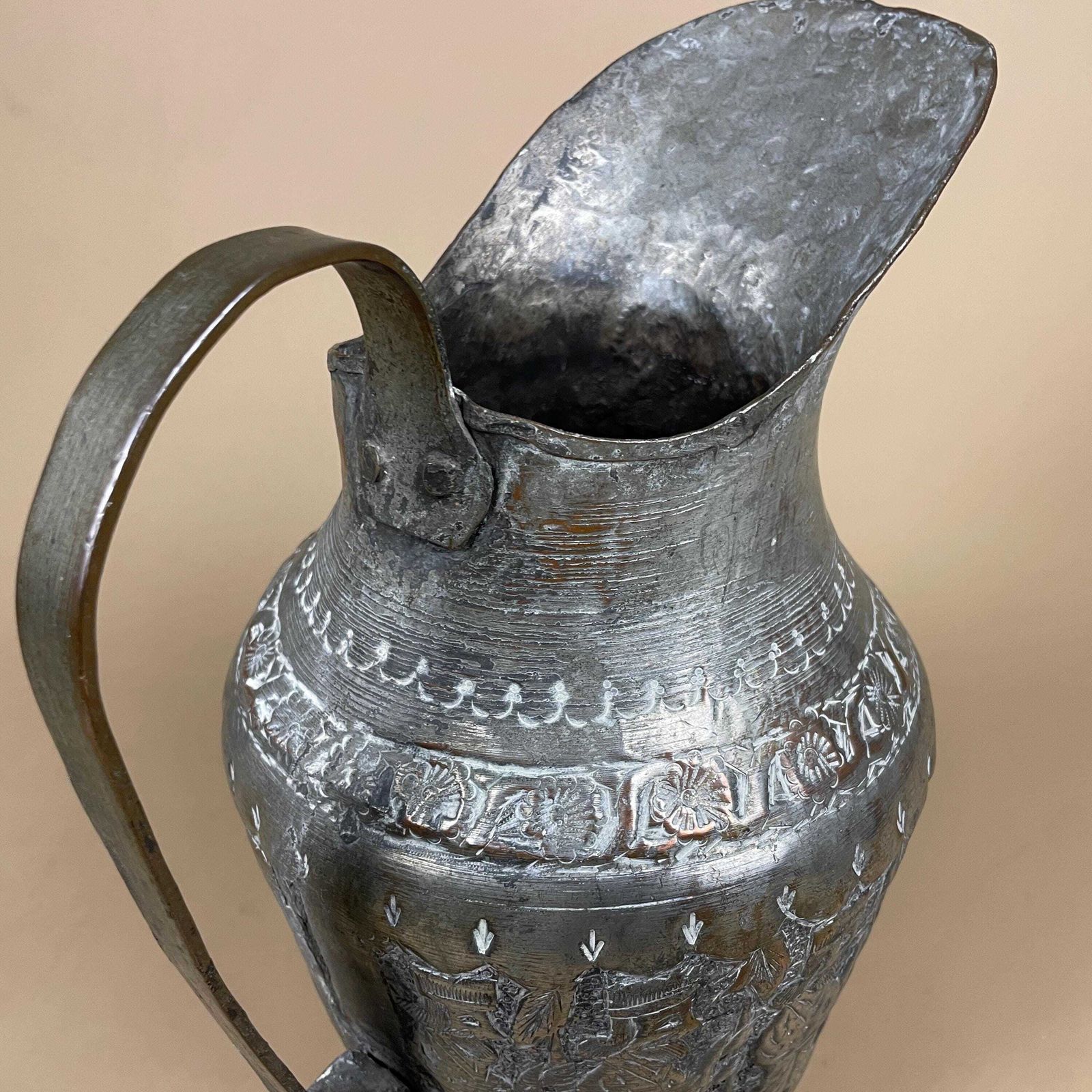 Antique Metal Tinned Copper Silver Middle East Ewer Pitcher Vase Patterned Plant Pot Jug Planter Jardiniere Handmade Intricate Decorative photo 75.0