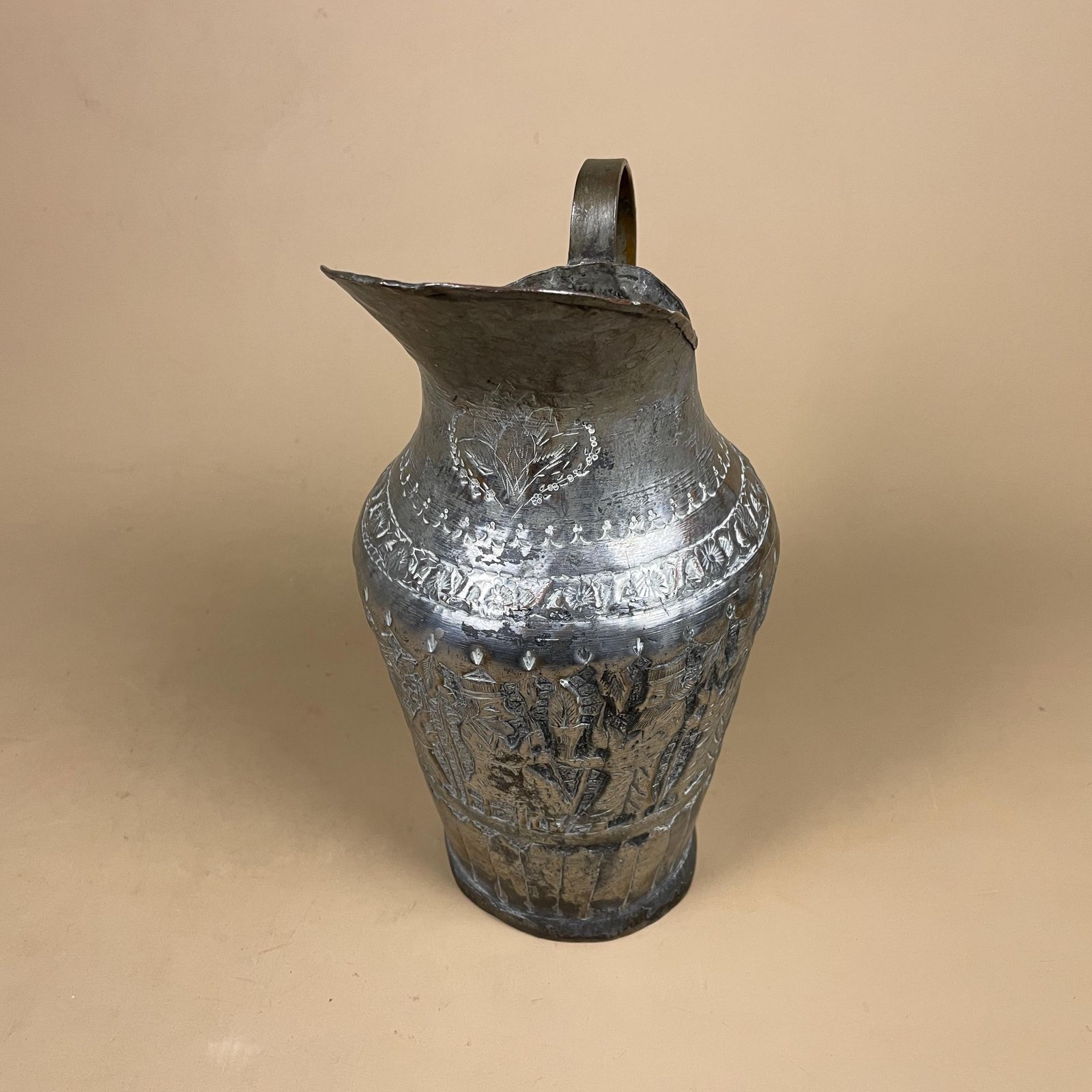 photo for sale Antique Metal Tinned Copper Silver Middle East Ewer Pitcher Vase Patterned Plant Pot Jug Planter Jardiniere Handmade Intricate Decorative