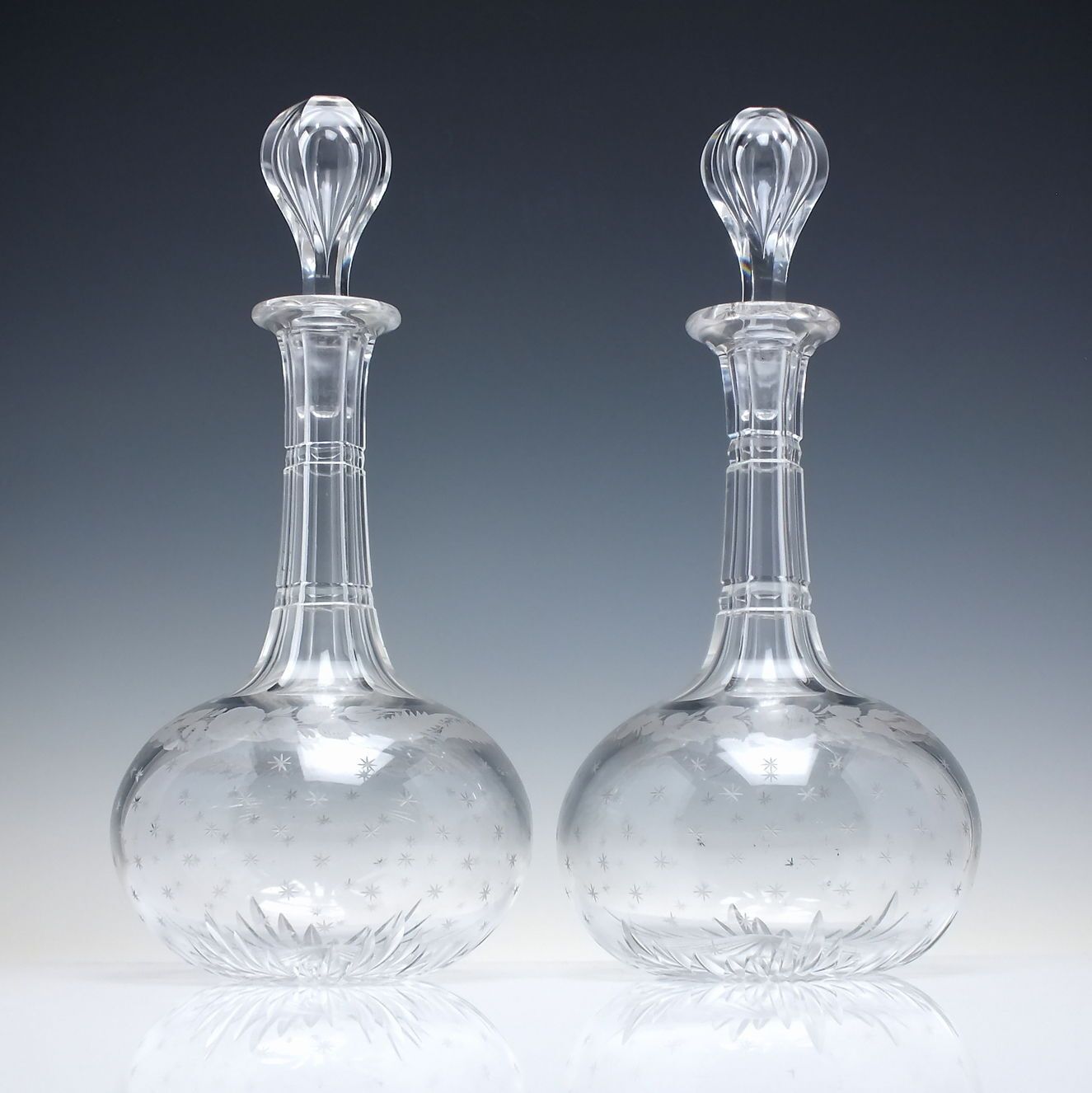 Pair Of Victorian Union Engraved Shaft & Globe Glass Decanters C1880