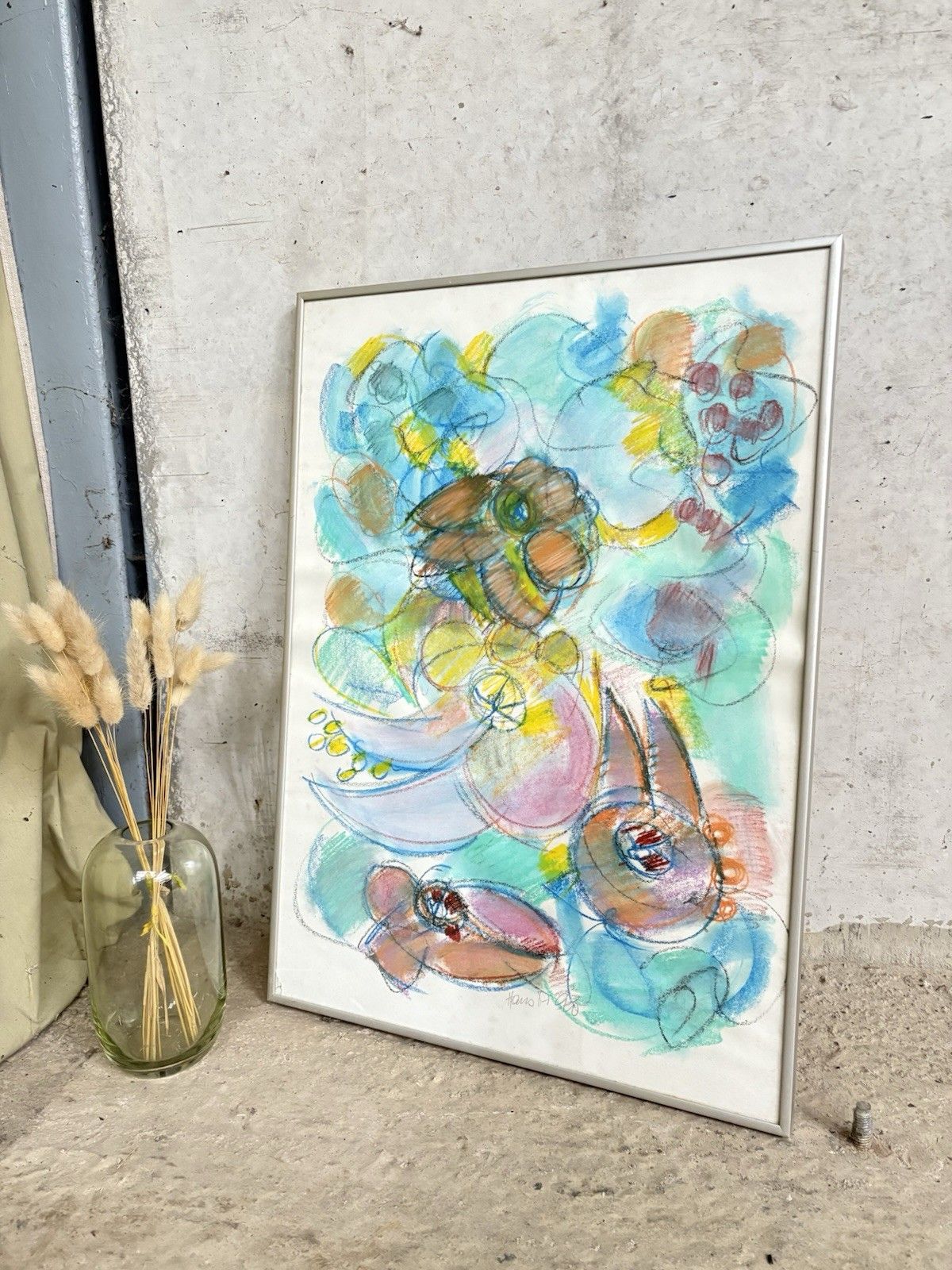 Vtg Late Mid Century Abstract Art School Painting Wall Hanging Picture R1001