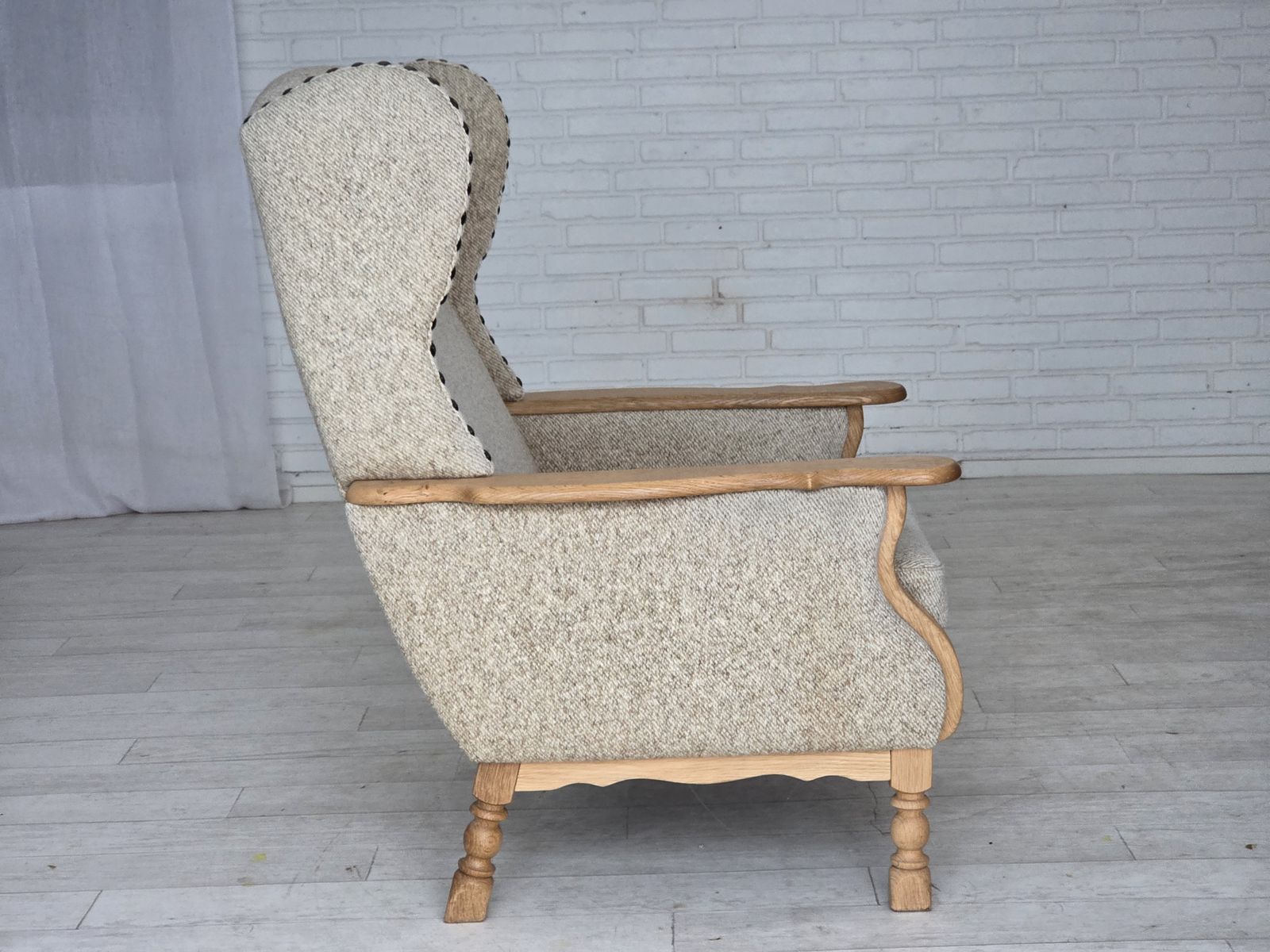 1970s, Danish Highback Armchair, Furniture Wool, Solid Oak Wood. photo 1370.0