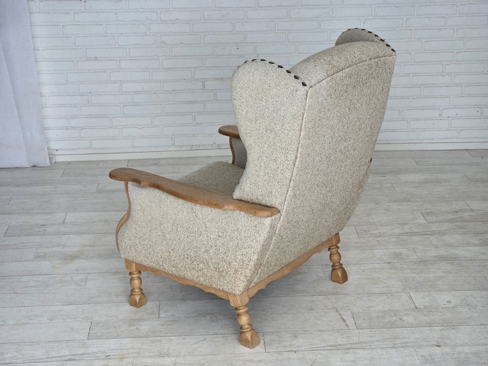 photo for sale 1970s, Danish Highback Armchair, Furniture Wool, Solid Oak Wood.