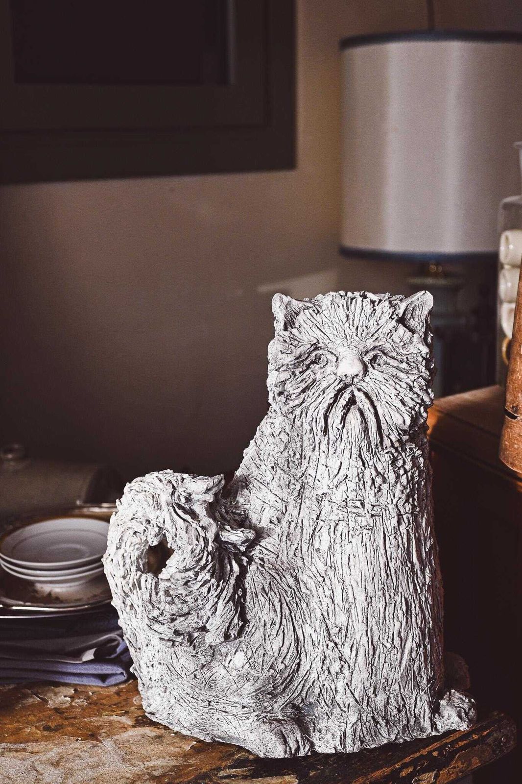 Ivan Cattaneo Ceramic Cat Sculpture | Italian Art Pottery | Glazed Terracotta Persian Cat photo furniture