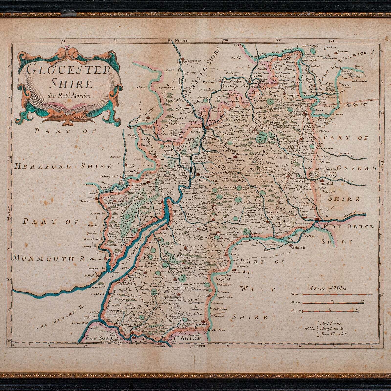 Antique Gloucestershire Map, English, Framed Cartography, Robert Morden, C.1700 photo Art