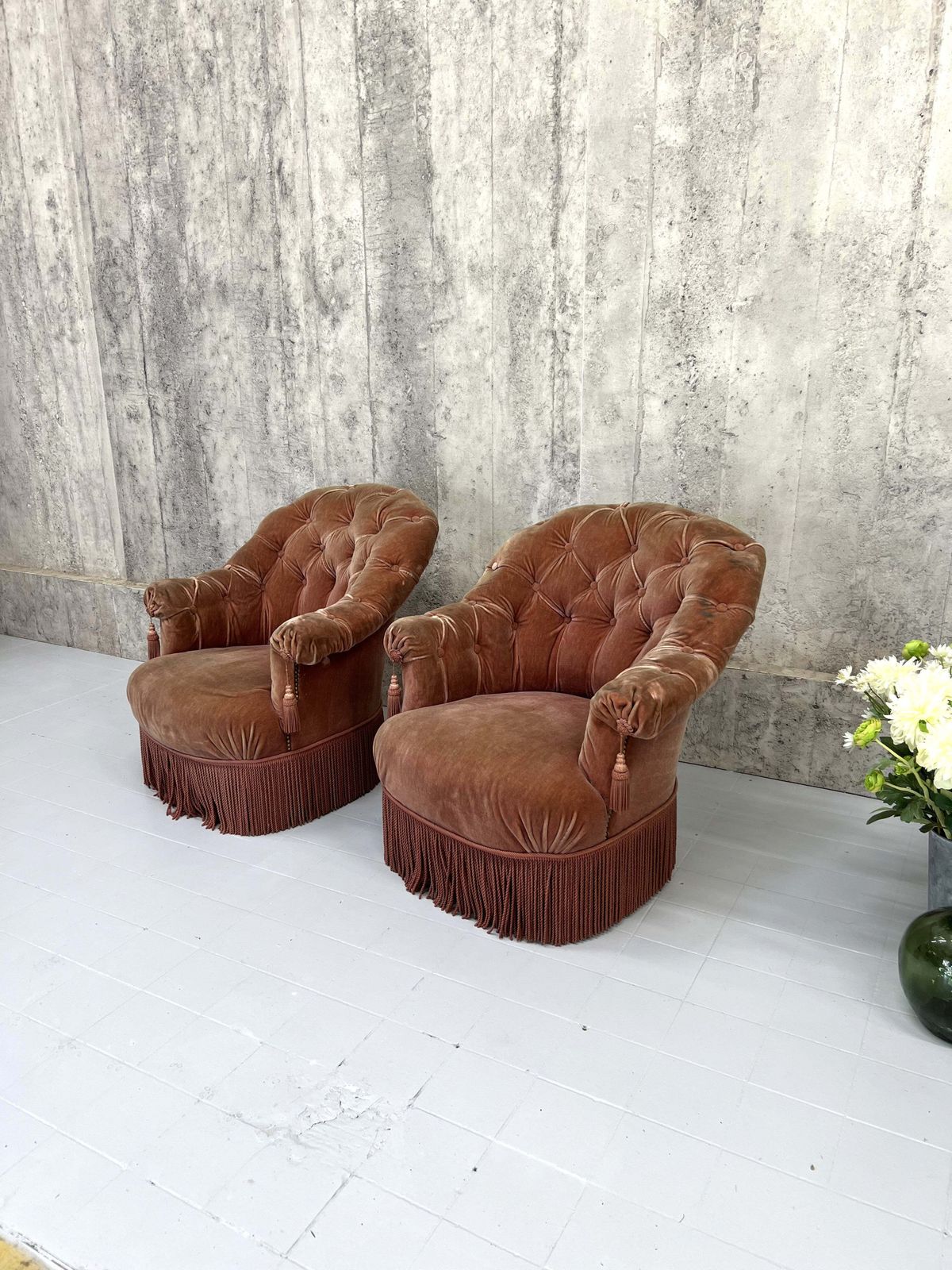 Pair Of Mid Century Pink Velvet Button Armchairs To Reupholster photo furniture