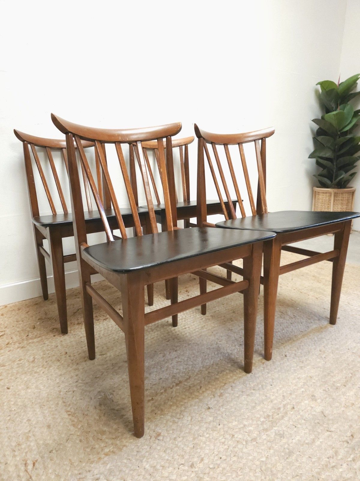 Retro Elliots Of Newbury Dining Chairs Mid Century Set Of 4 Black Vinyl Delivery photo furniture