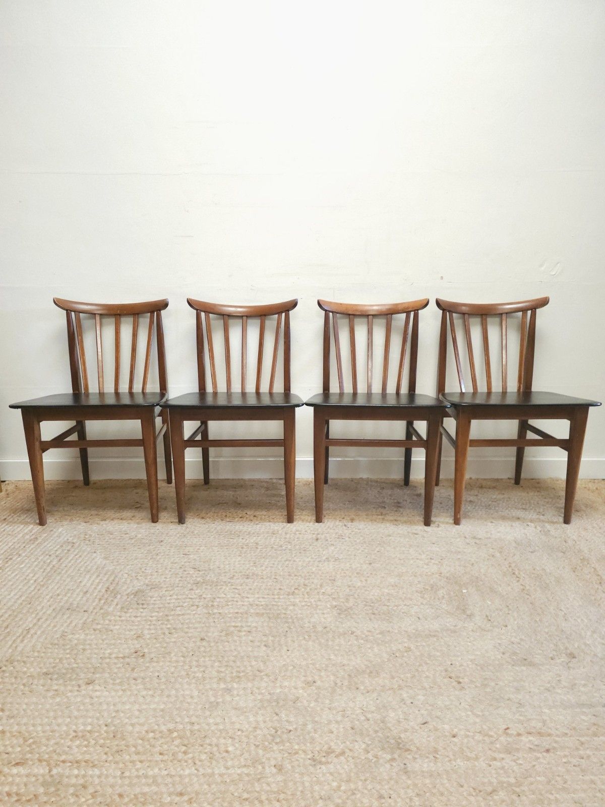 Retro Elliots Of Newbury Dining Chairs Mid Century Set Of 4 Black Vinyl Delivery photo Furniture