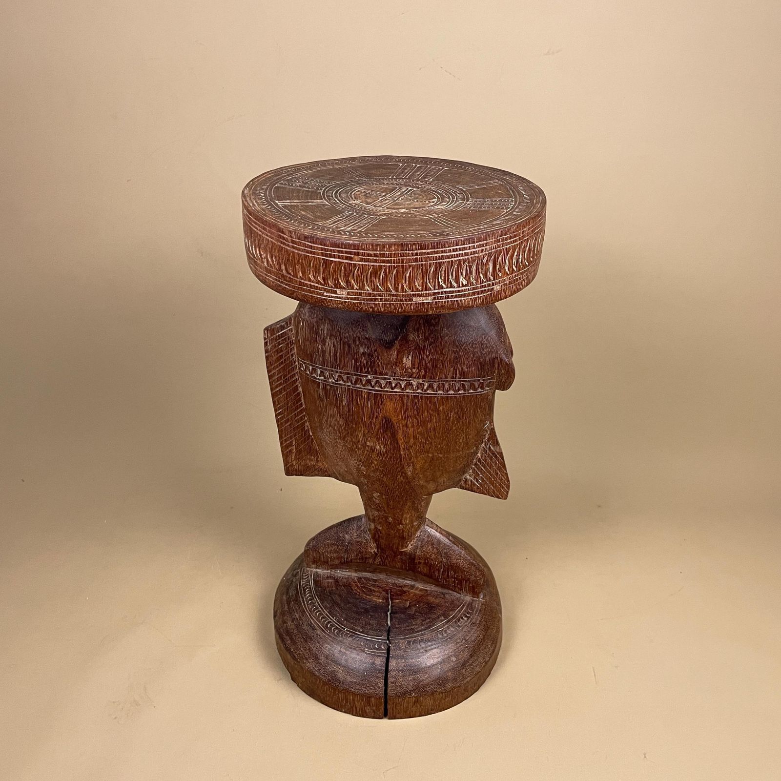 Antique African Luba Caryatid Stool Handmade Round Wood Table Plant Stand Fish Wooden Africa Furniture Circle Brown Seat Tribe Handcrafted photo buy