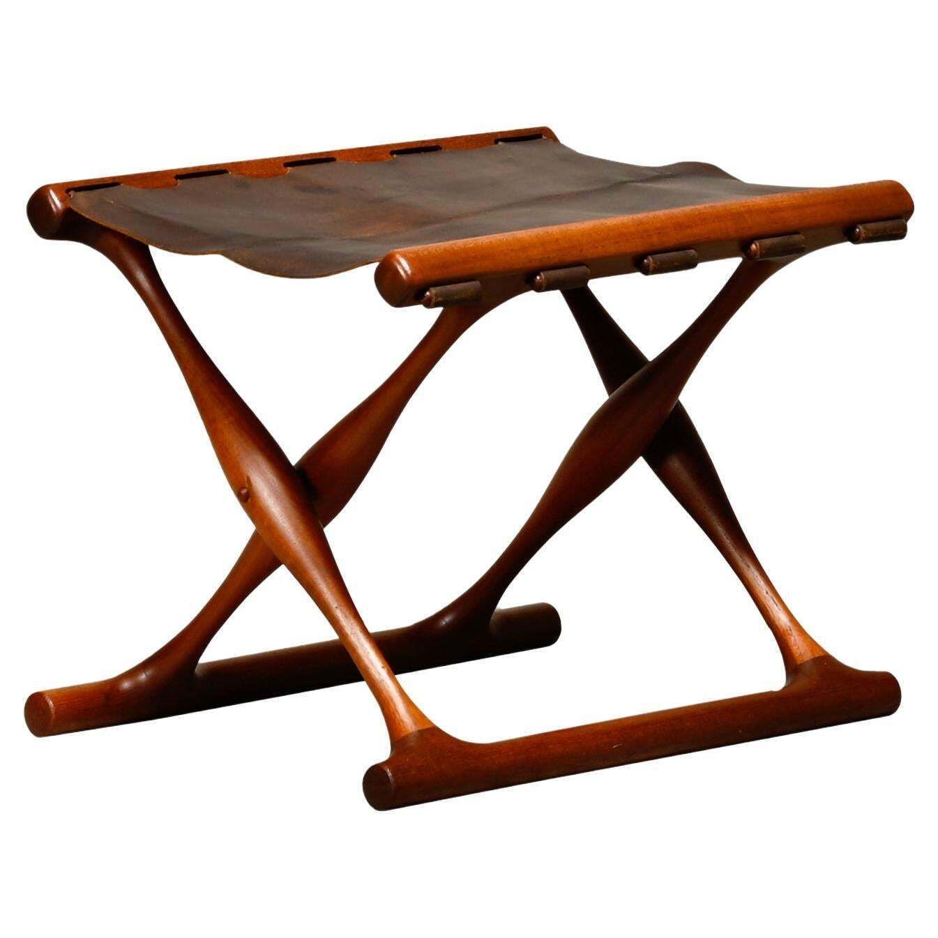 Poul Hundevad Ph43 Guldhøj Stool In Teak And Brown Leather Denmark 1960s