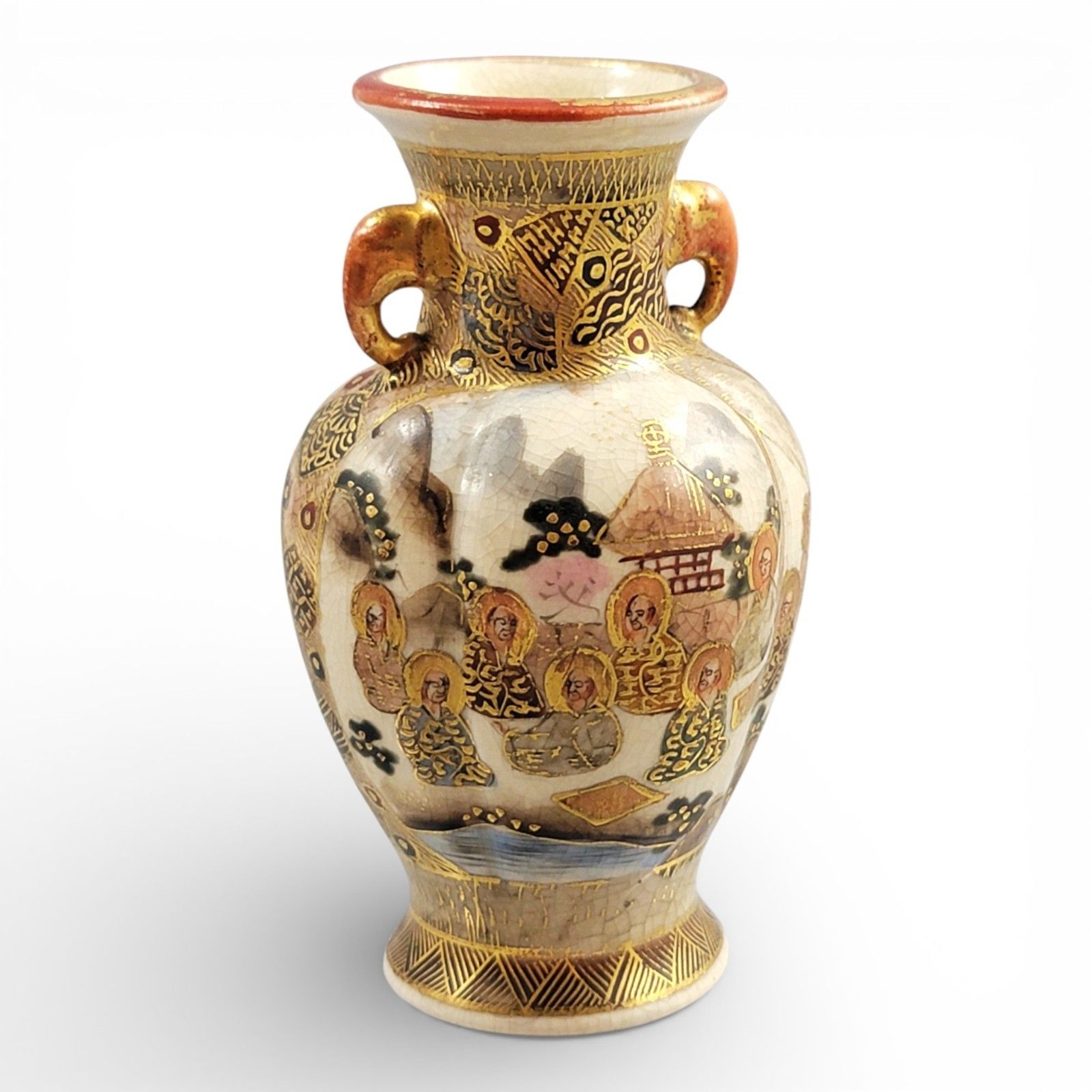 Fine Meiji Satsuma Miniature Vase C.1890, Shimazu Mon, Gilt Figural Scene photo for sale