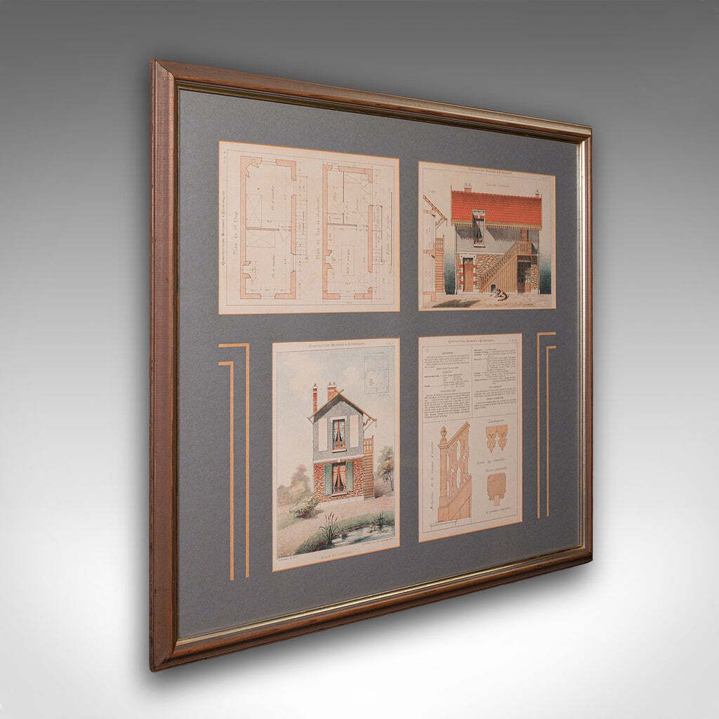 Antique Framed Architectural Plans, French, Industrial Lithograph Art, Victorian